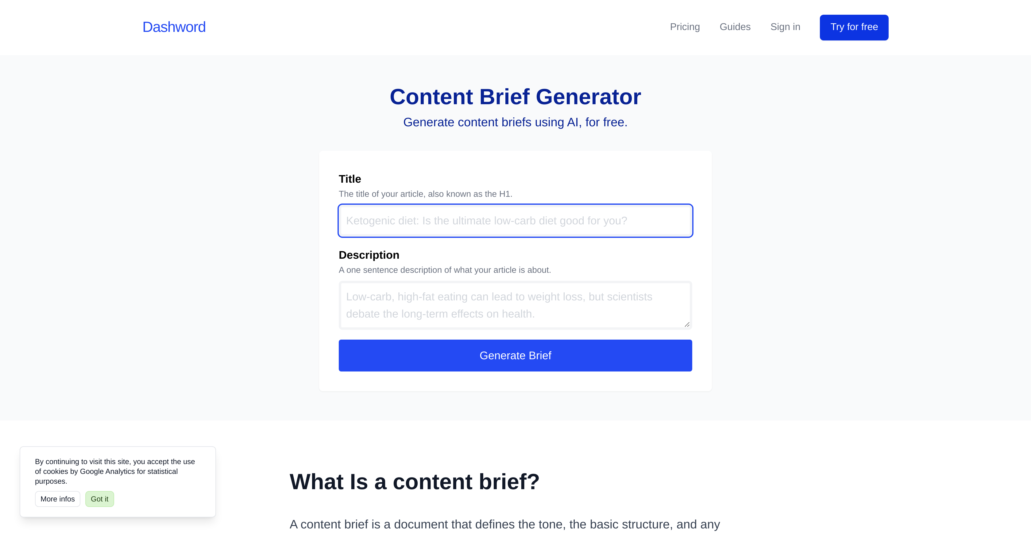 Content brief generator - Screenshot showing the interface and features of this AI tool