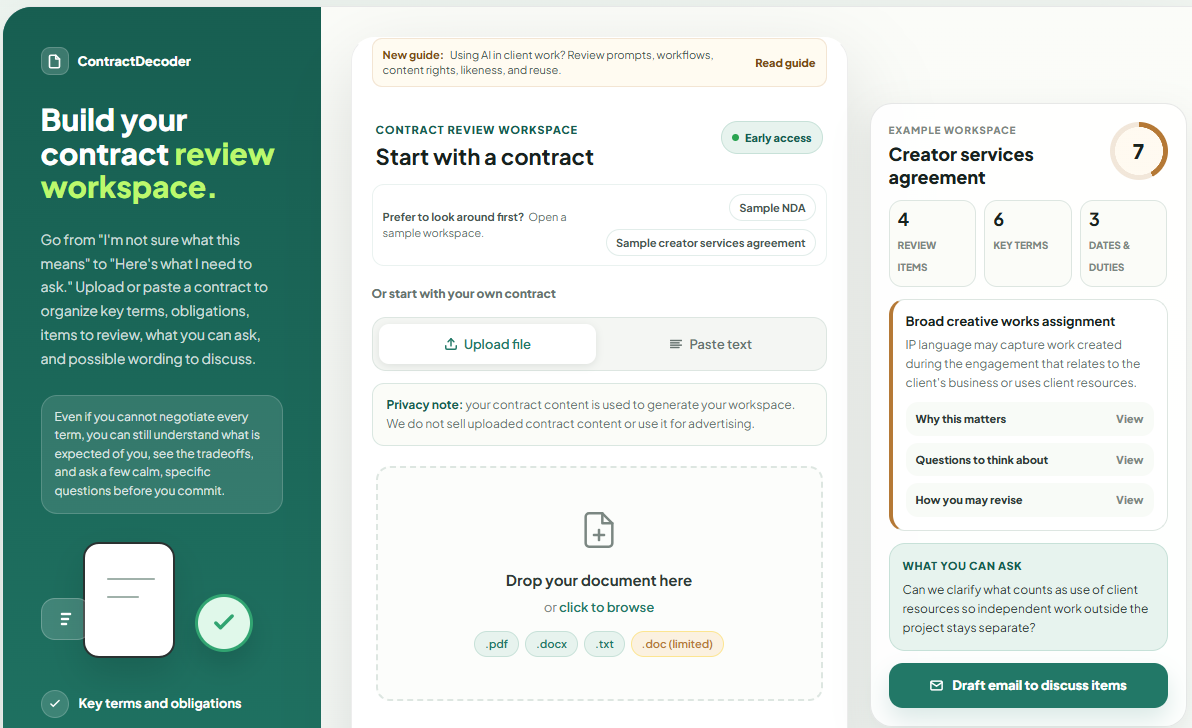 ContractDecoder - Screenshot showing the interface and features of this AI tool