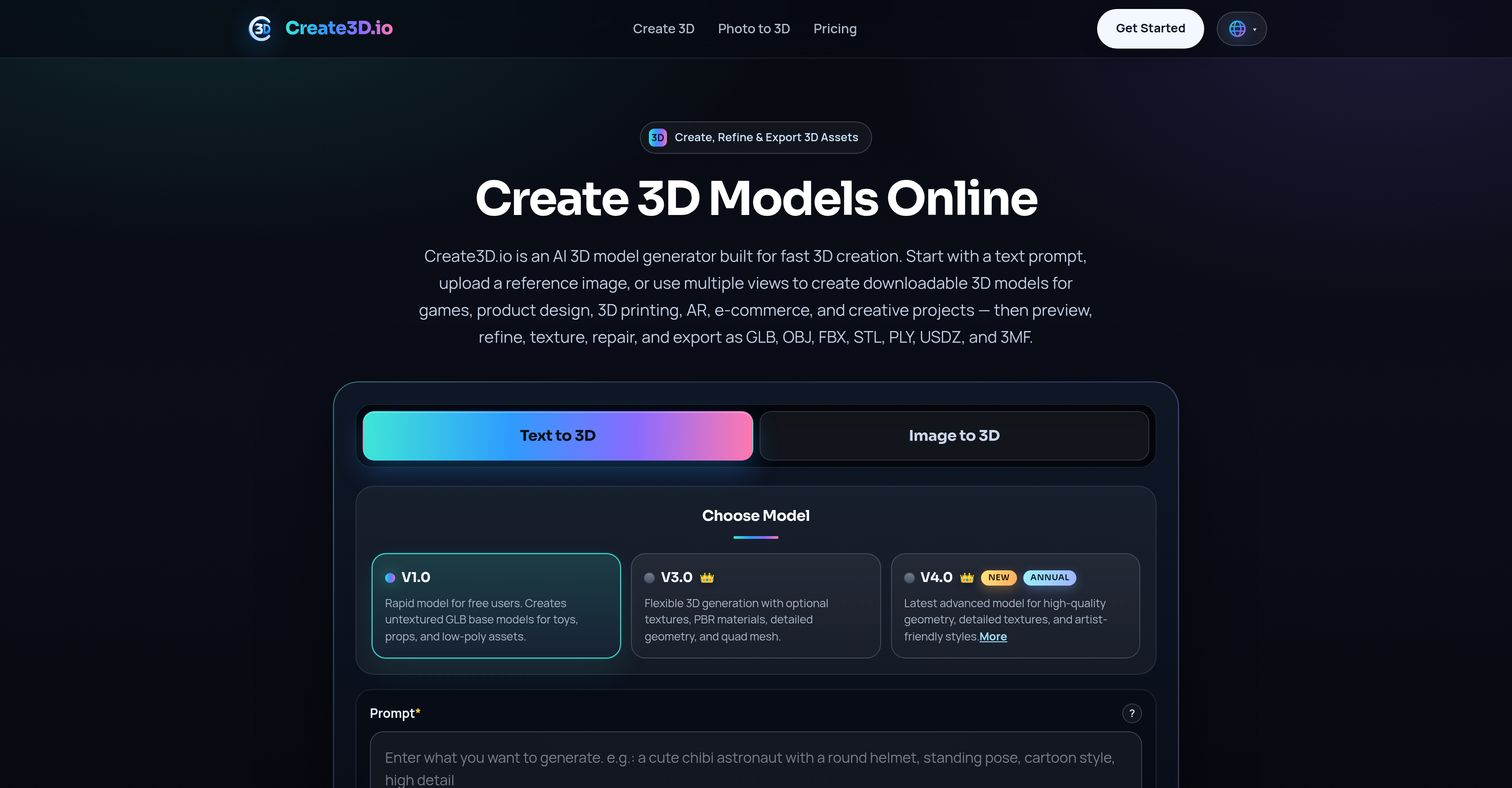 Create3D.io - Screenshot showing the interface and features of this AI tool
