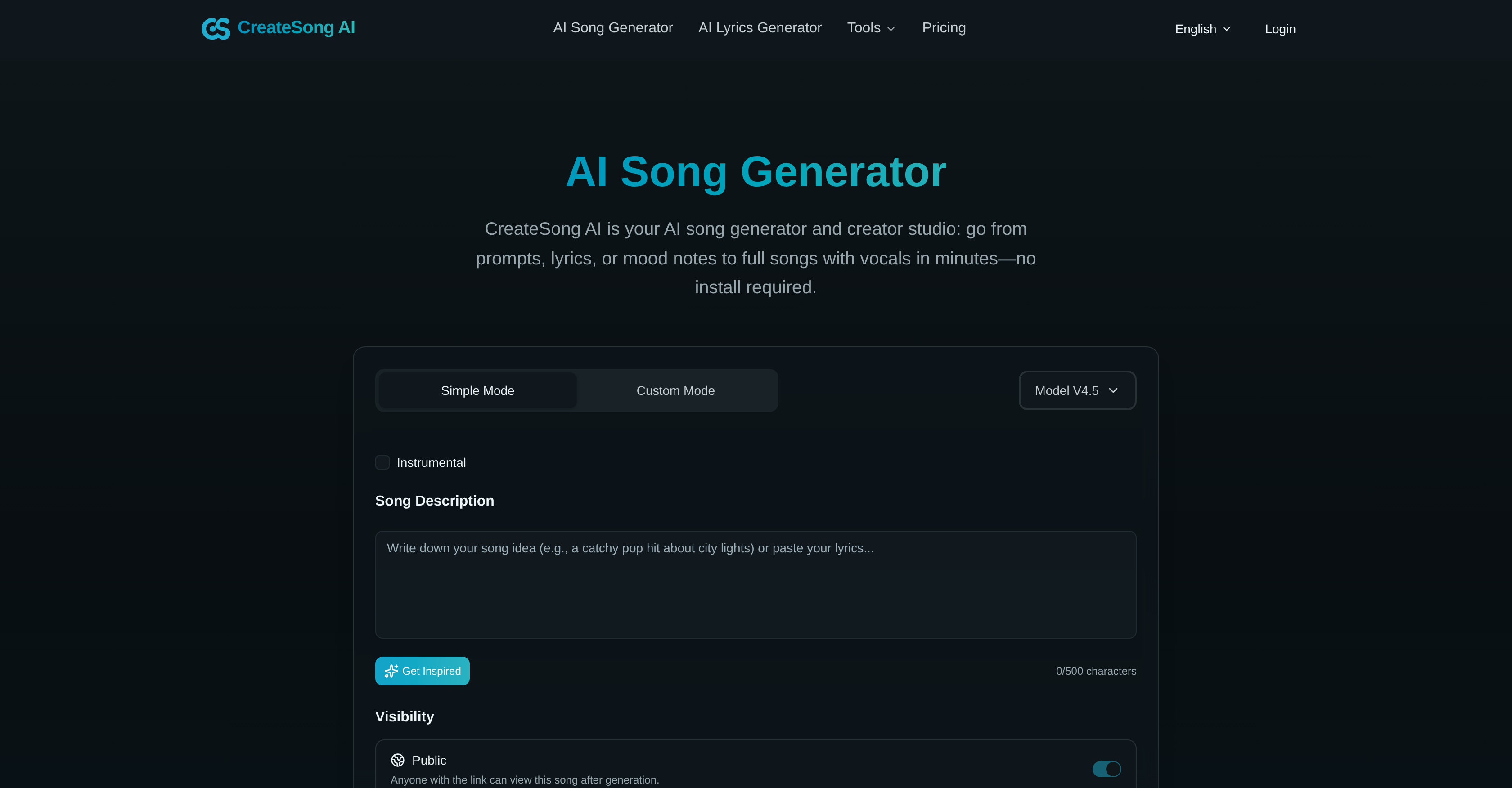 CreateSong AI - Screenshot showing the interface and features of this AI tool