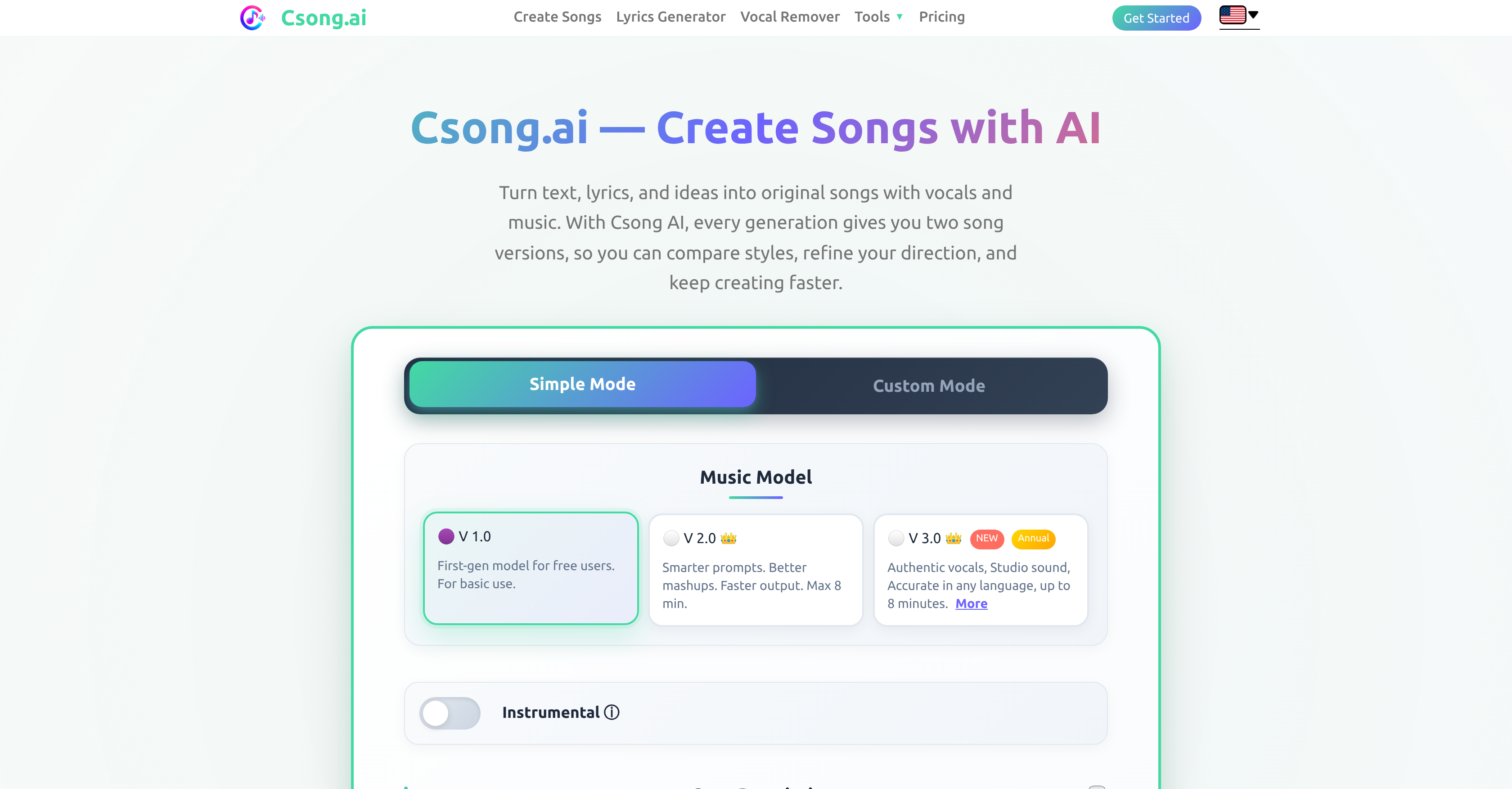 Csong AI - Screenshot showing the interface and features of this AI tool