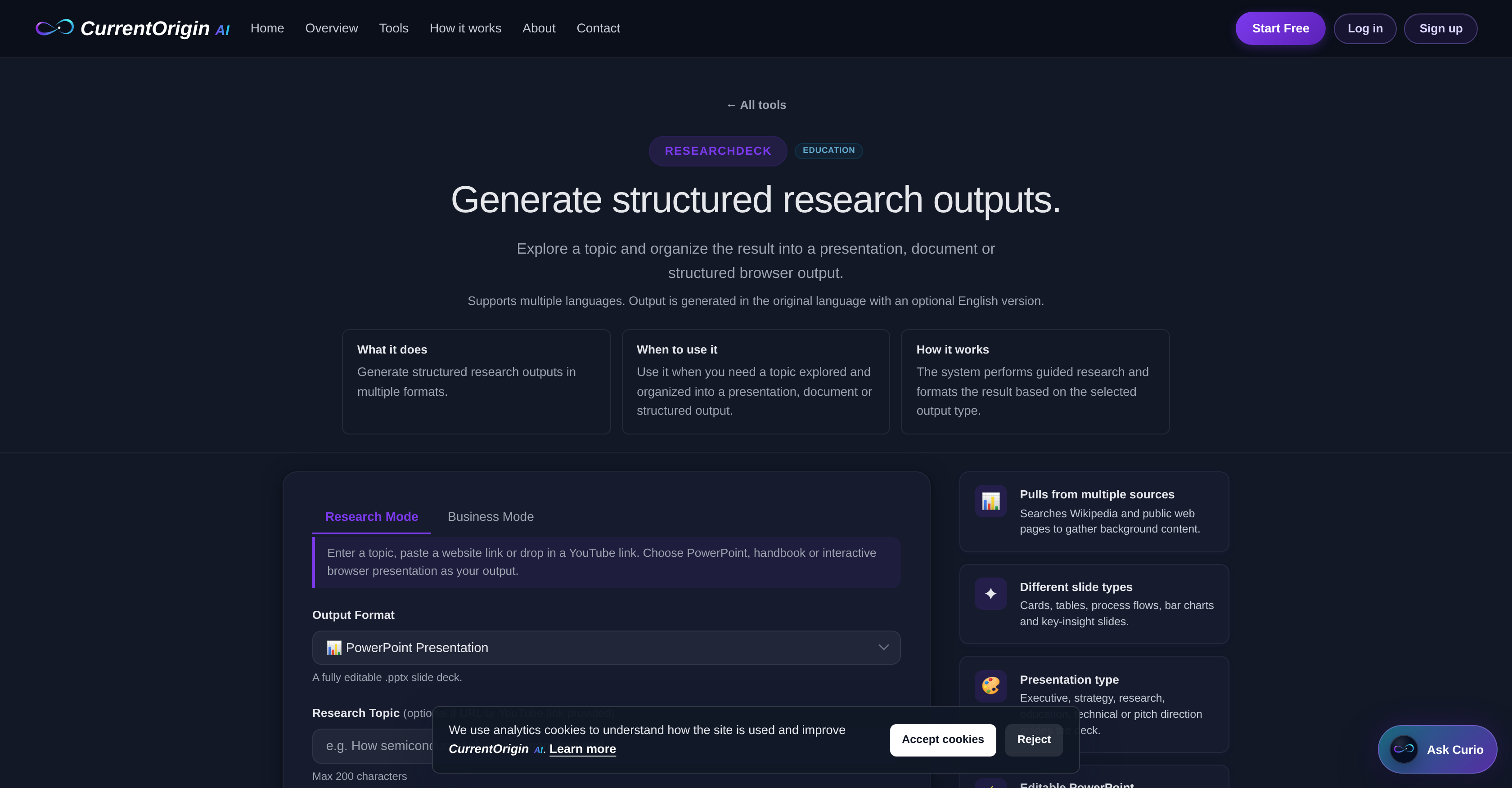 CurrentOrigin | ResearchDeck - Screenshot showing the interface and features of this AI tool