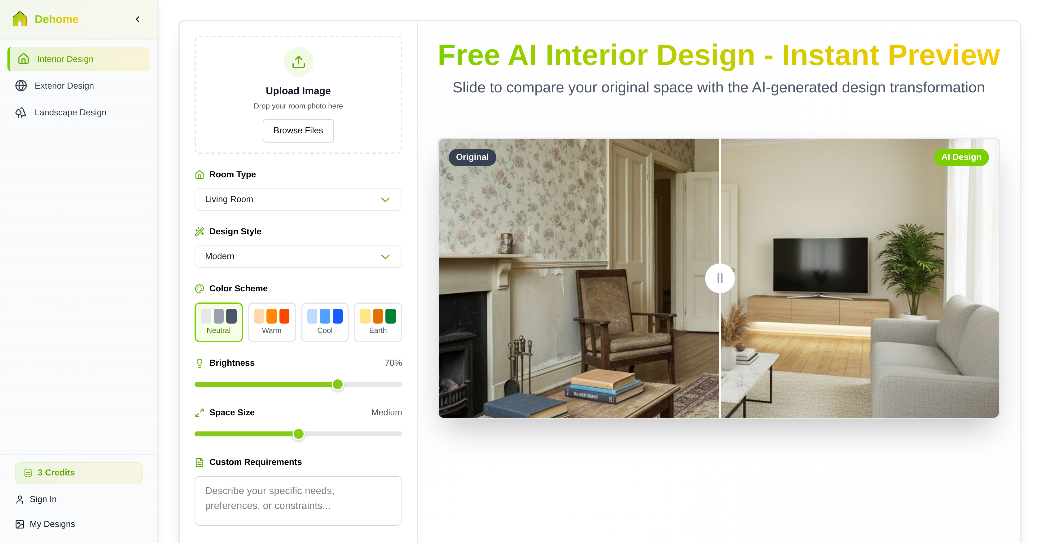DeHome.ai - Screenshot showing the interface and features of this AI tool
