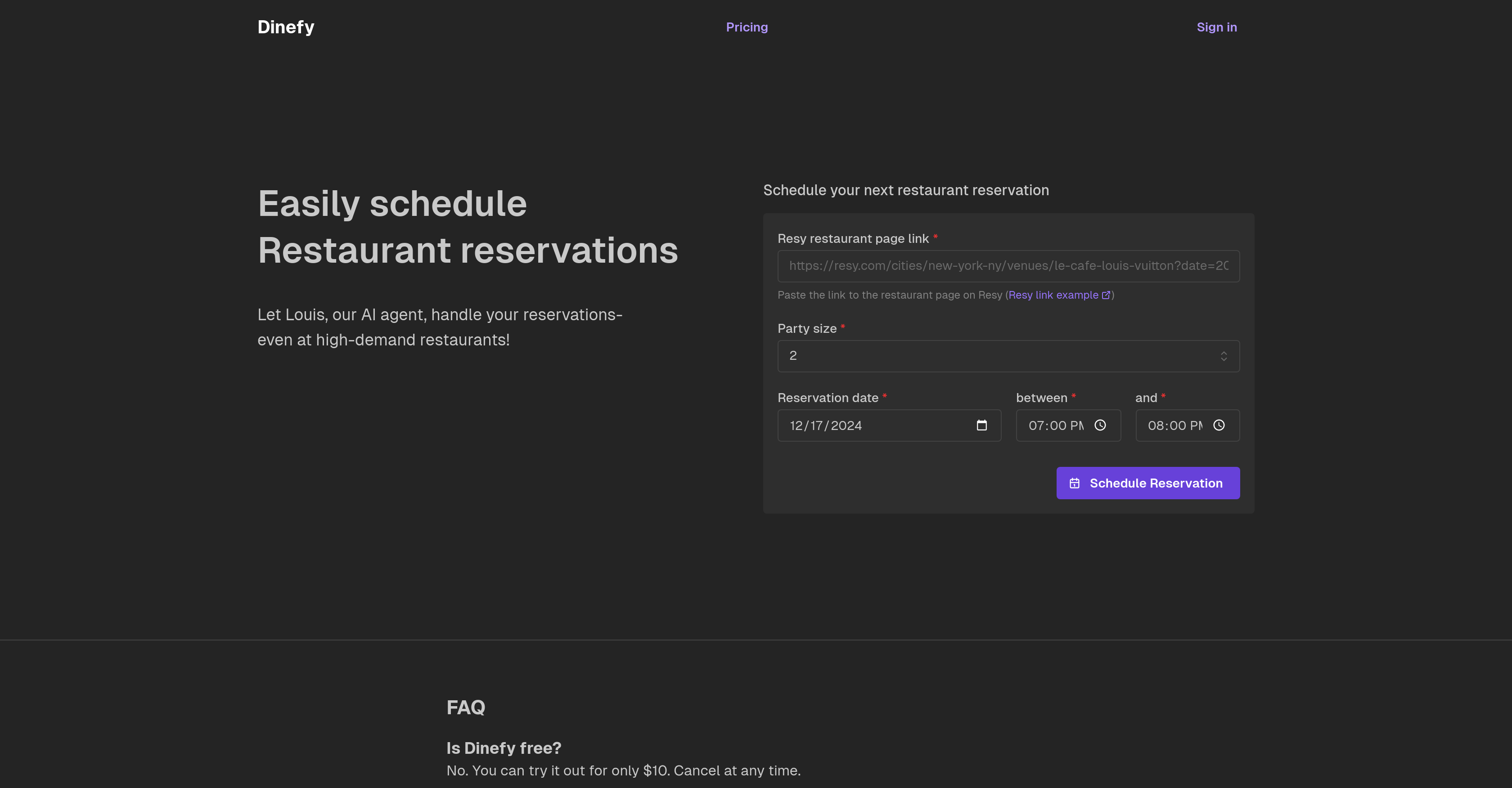 Dinefy - Screenshot showing the interface and features of this AI tool