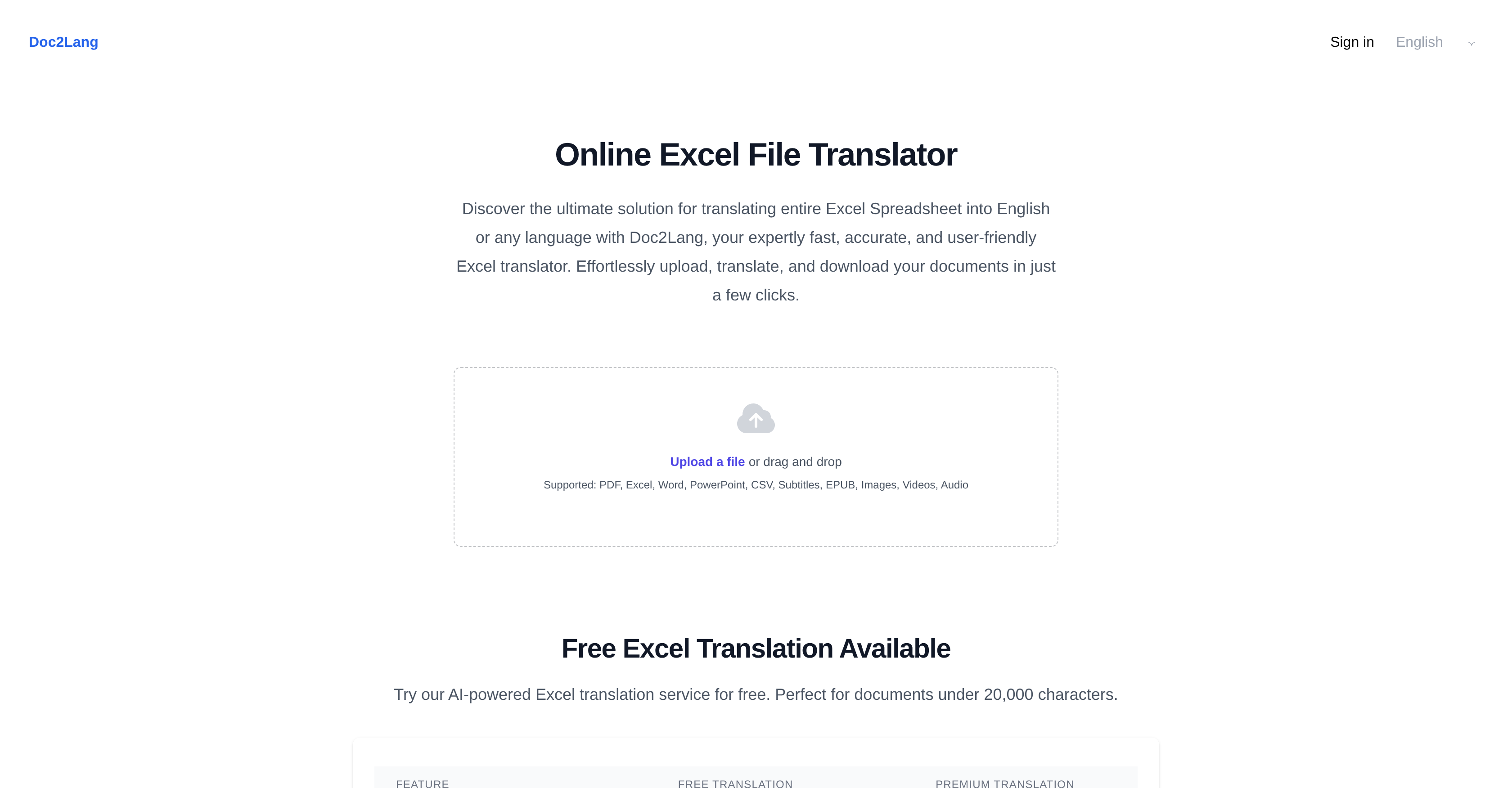 Doc2Lang Online Excel Translator - Screenshot showing the interface and features of this AI tool