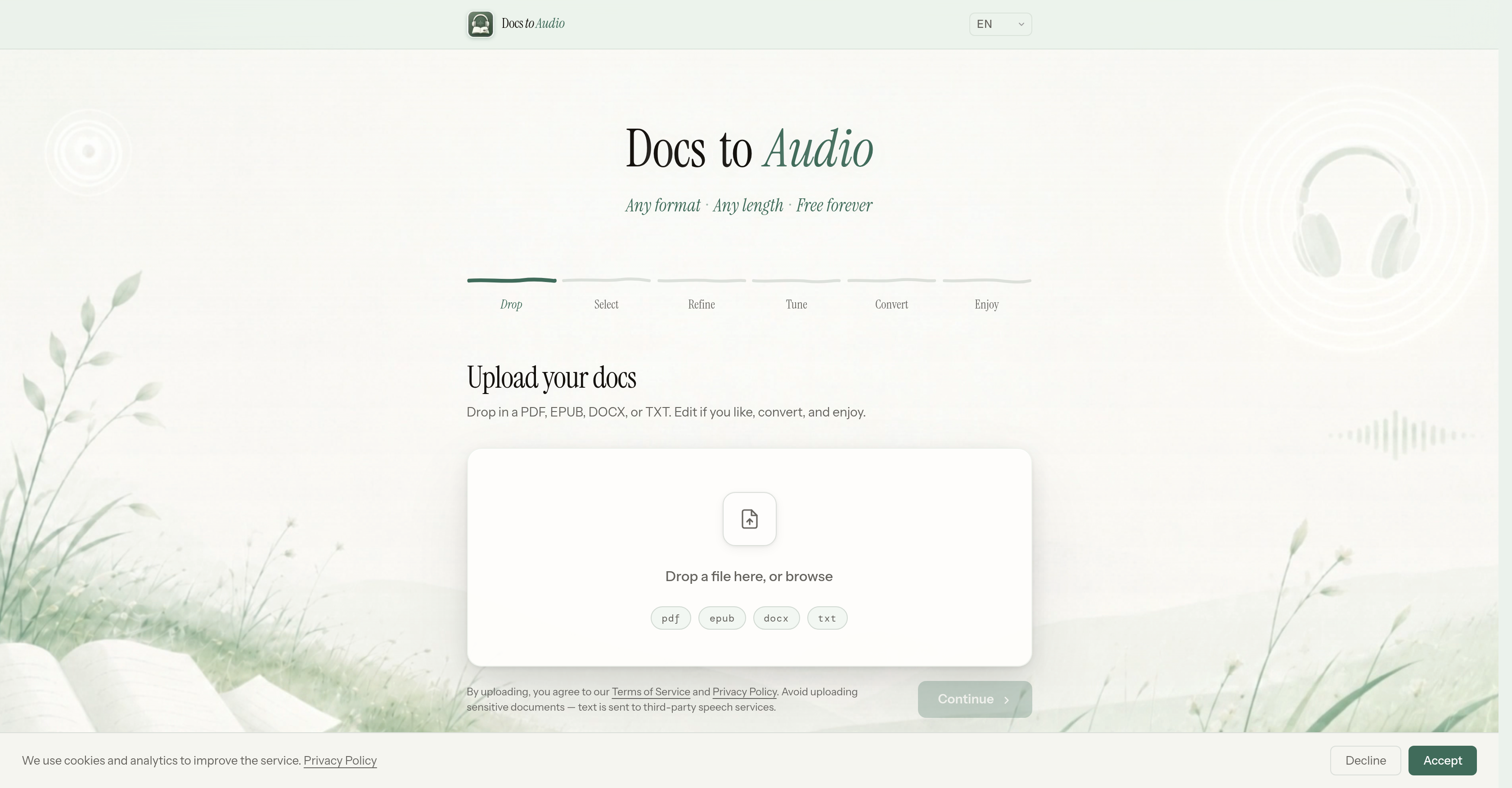 DocsToAudio - Screenshot showing the interface and features of this AI tool