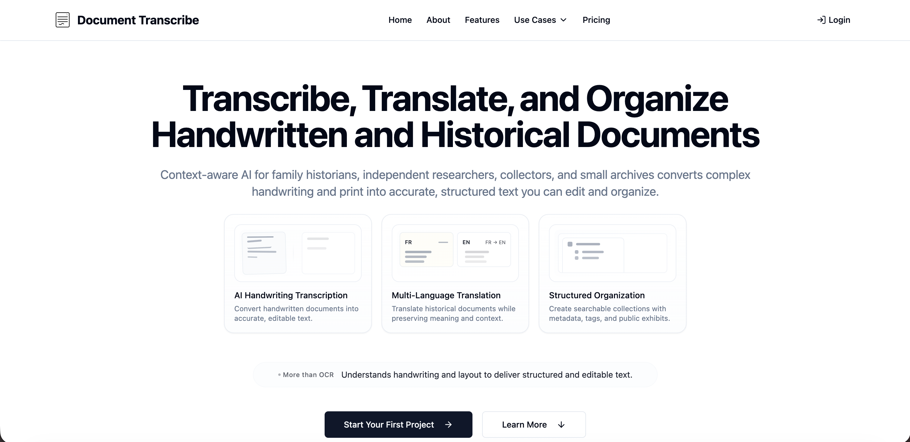 Document Transcribe - Screenshot showing the interface and features of this AI tool