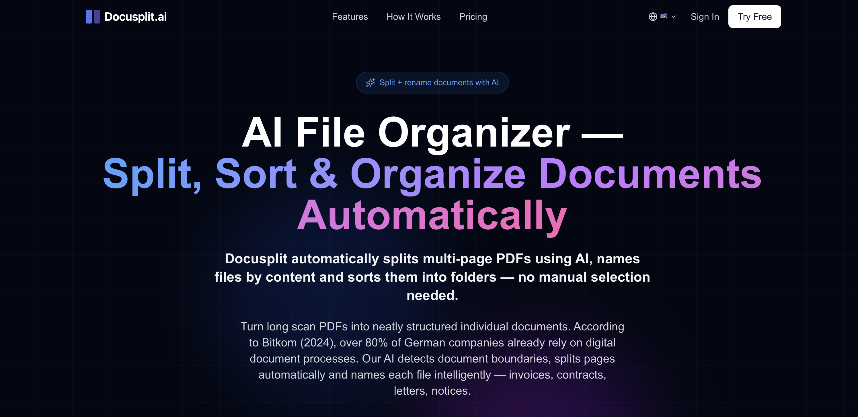 Docusplit AI - Screenshot showing the interface and features of this AI tool