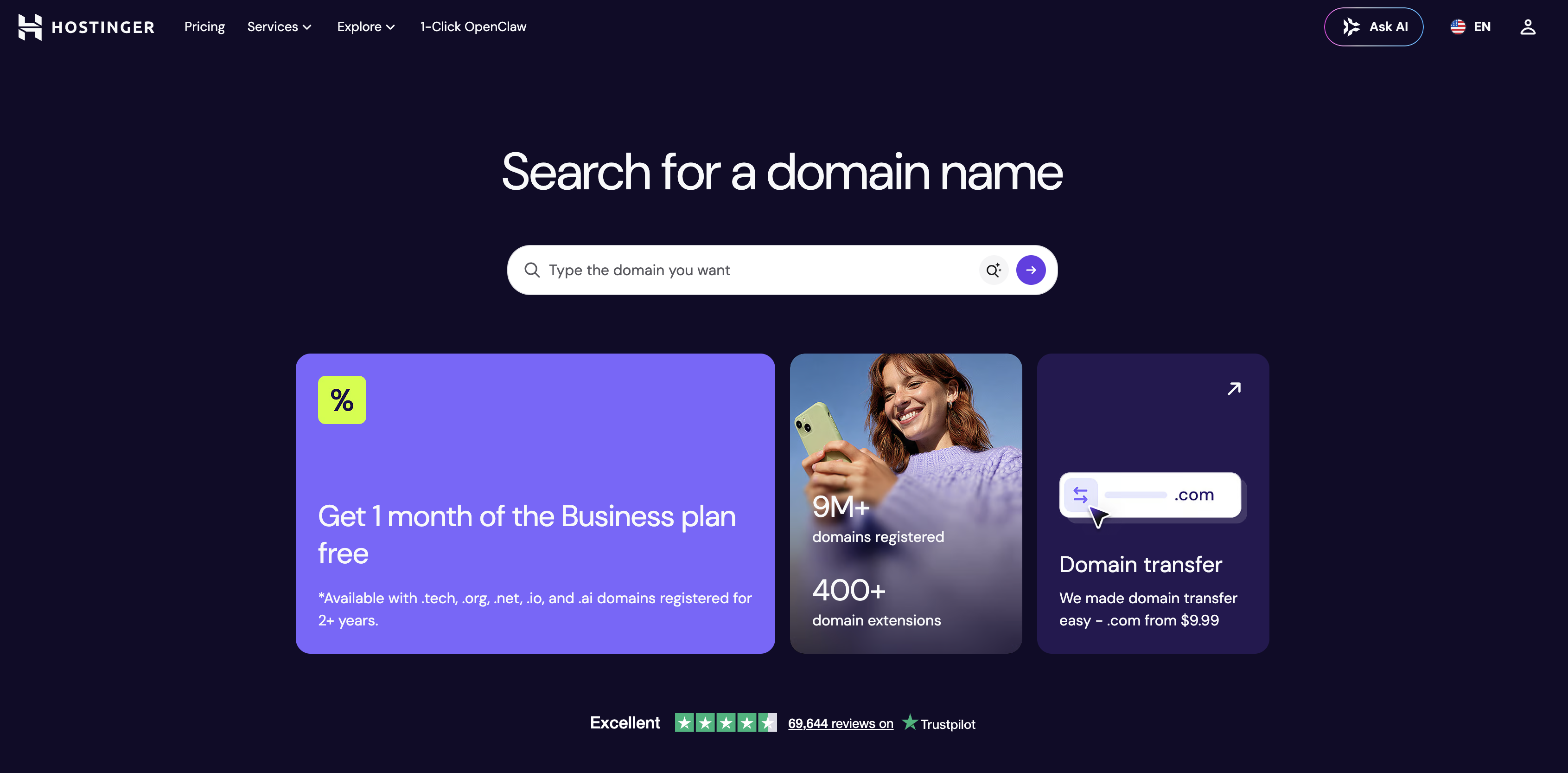 Domain Name Search | Hostinger - Screenshot showing the interface and features of this AI tool
