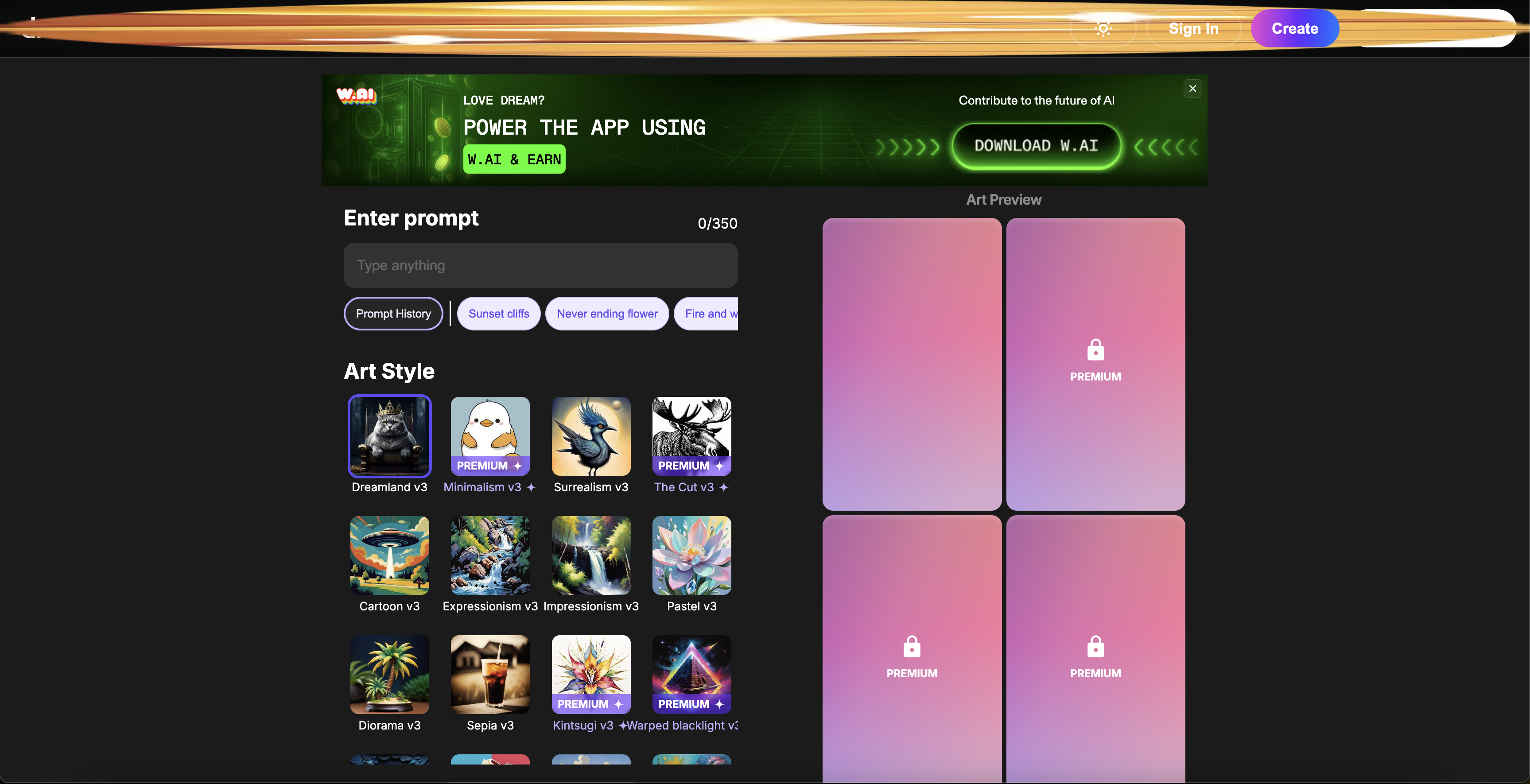 Dream by WOMBO - Screenshot showing the interface and features of this AI tool