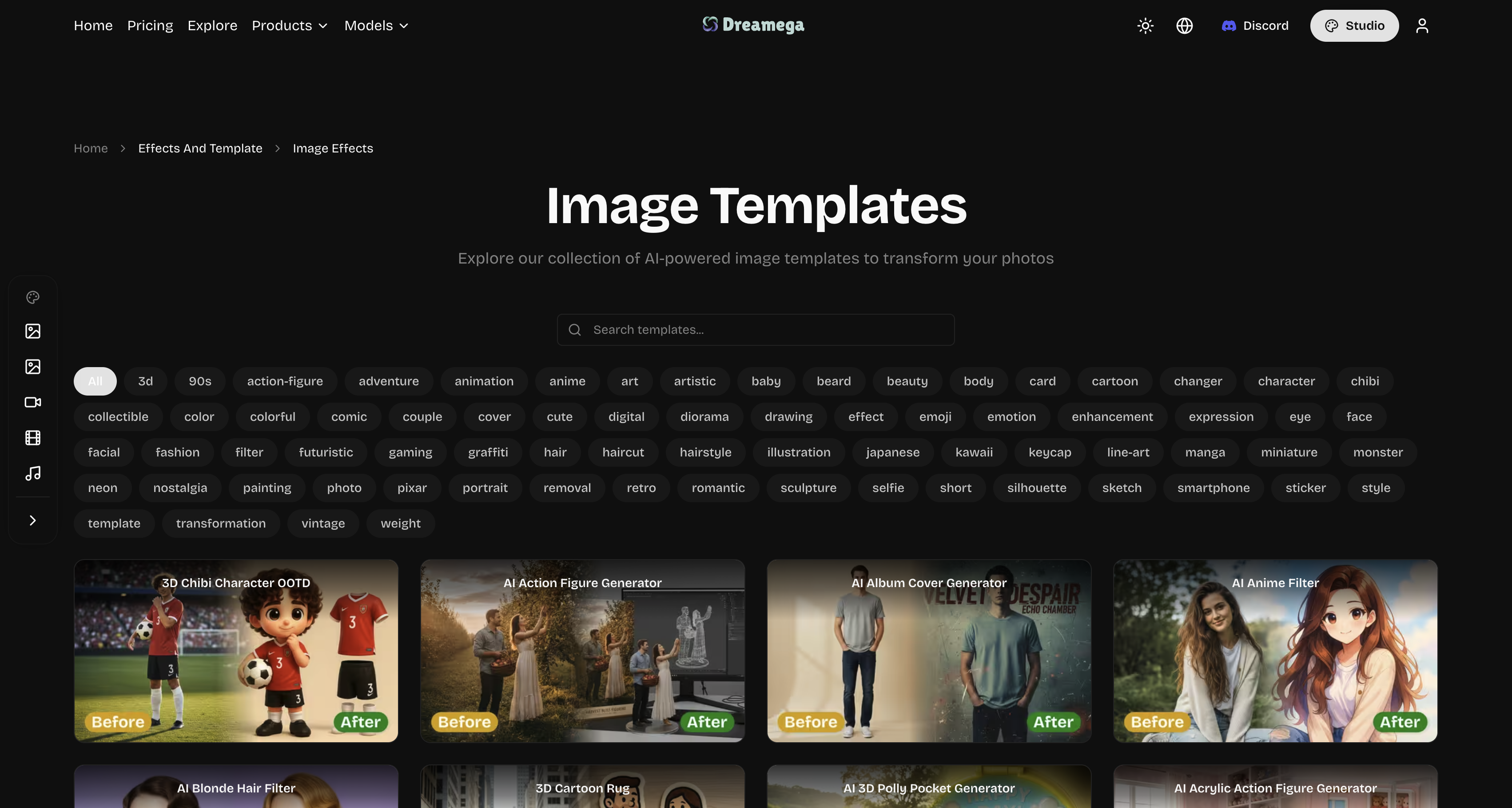 Dreamega AI | Image Effects - Screenshot showing the interface and features of this AI tool