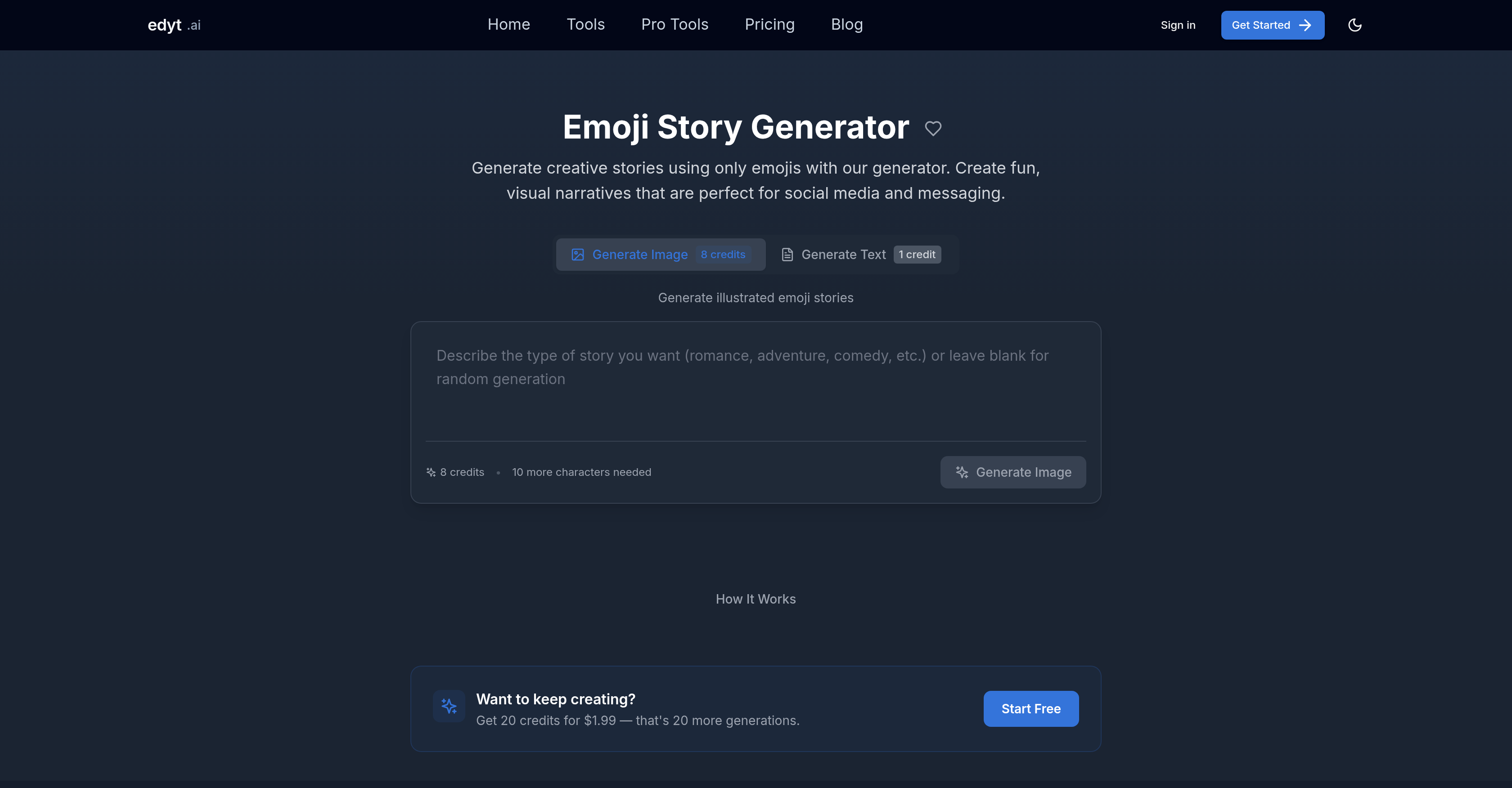 Edyt.ai Emoji Story Generator - Screenshot showing the interface and features of this AI tool