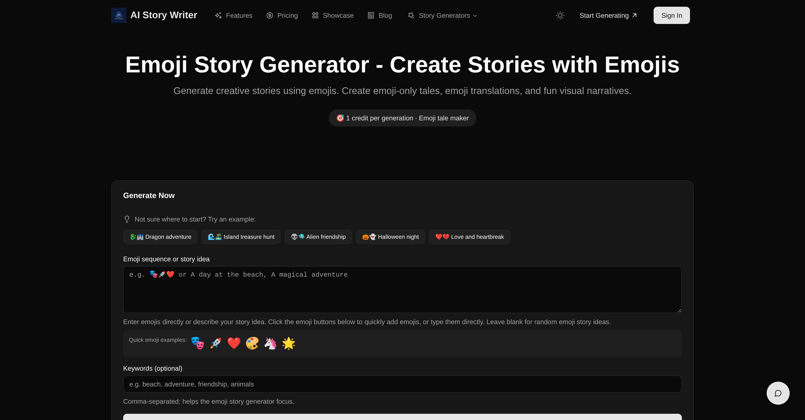 Emoji Story Generator by AIStoryWriter - Screenshot showing the interface and features of this AI tool