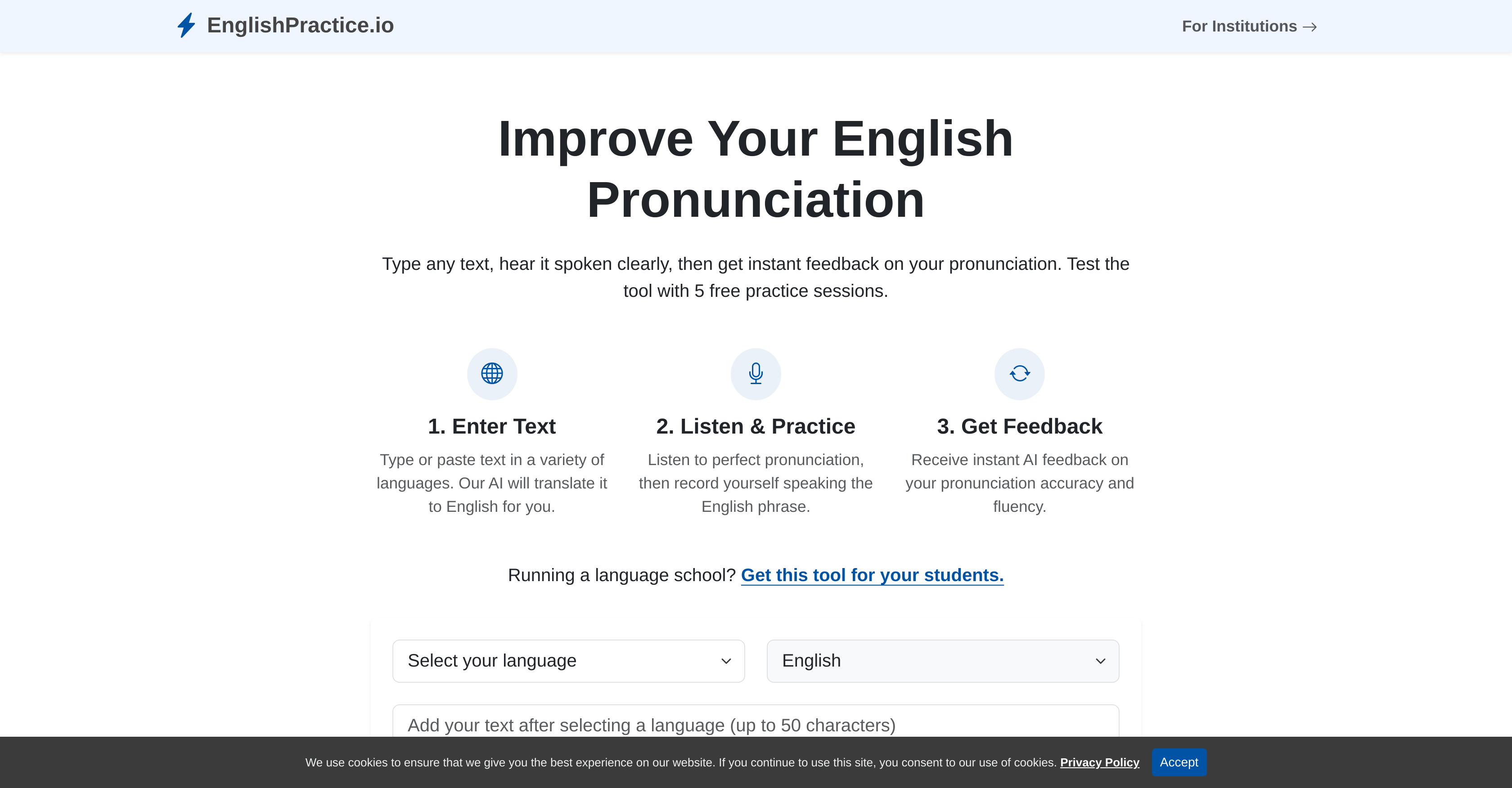 EnglishPractice.io - Screenshot showing the interface and features of this AI tool