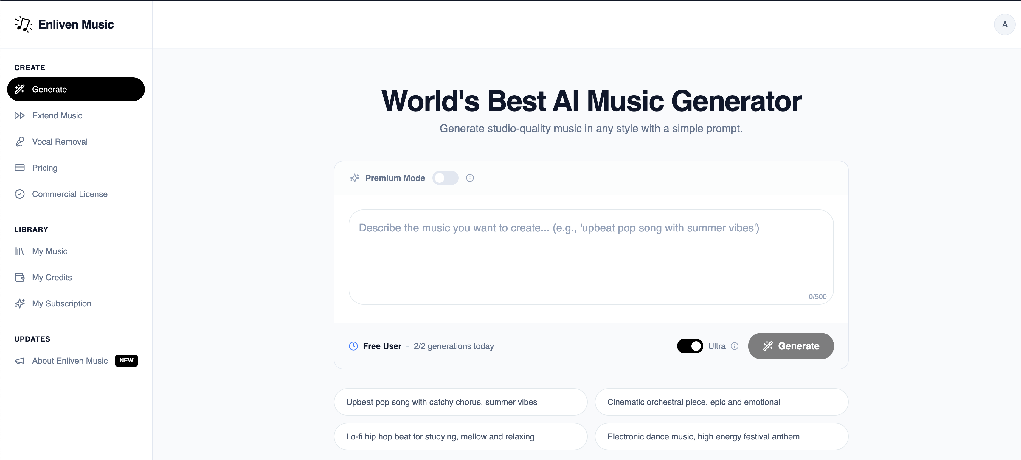 Enliven Music - Screenshot showing the interface and features of this AI tool
