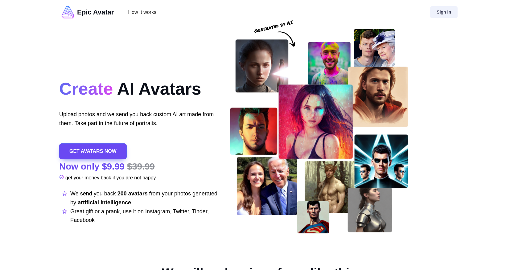 EpicAvatar - Screenshot showing the interface and features of this AI tool