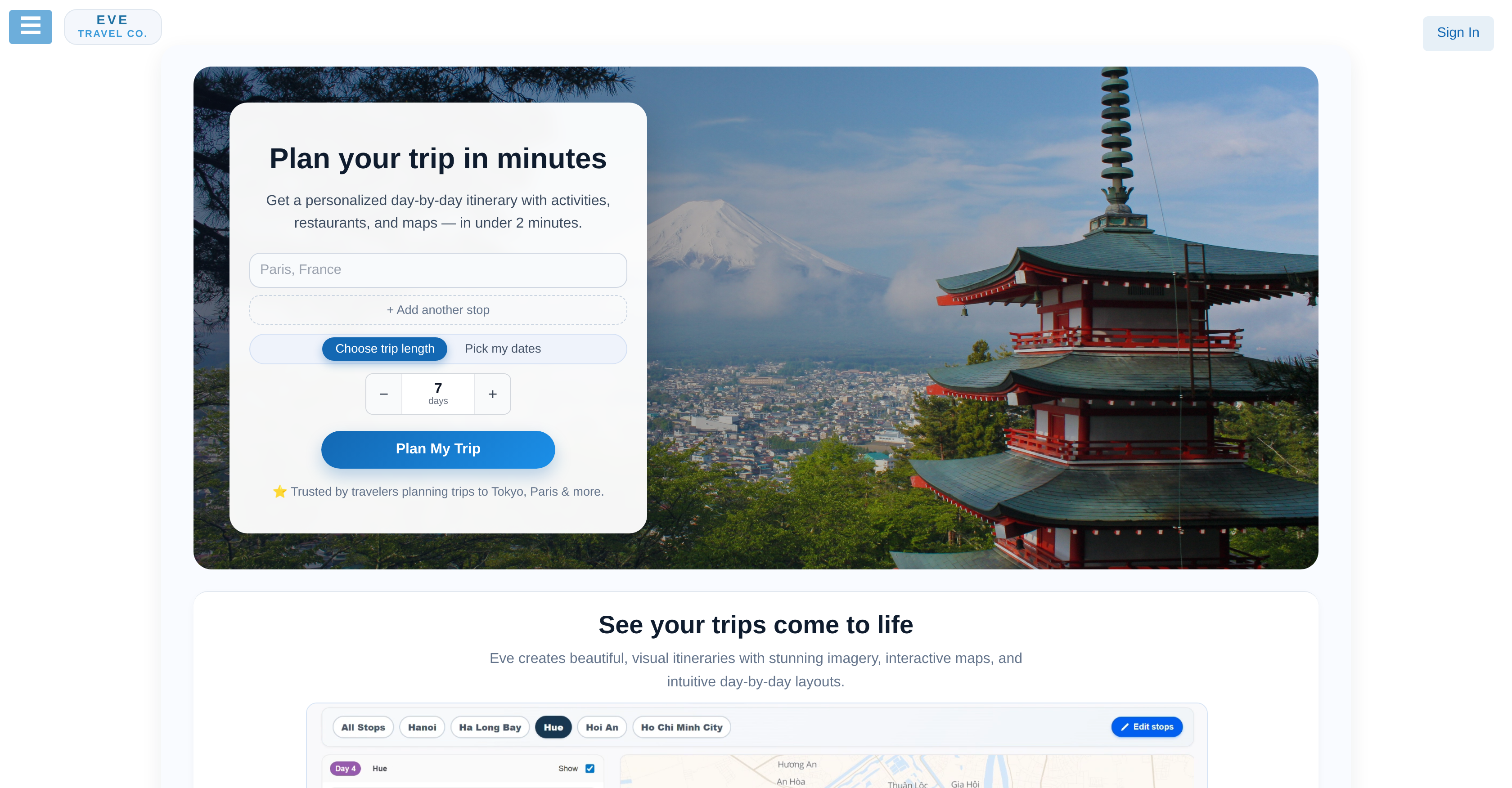 Eve Travel Co. - Screenshot showing the interface and features of this AI tool