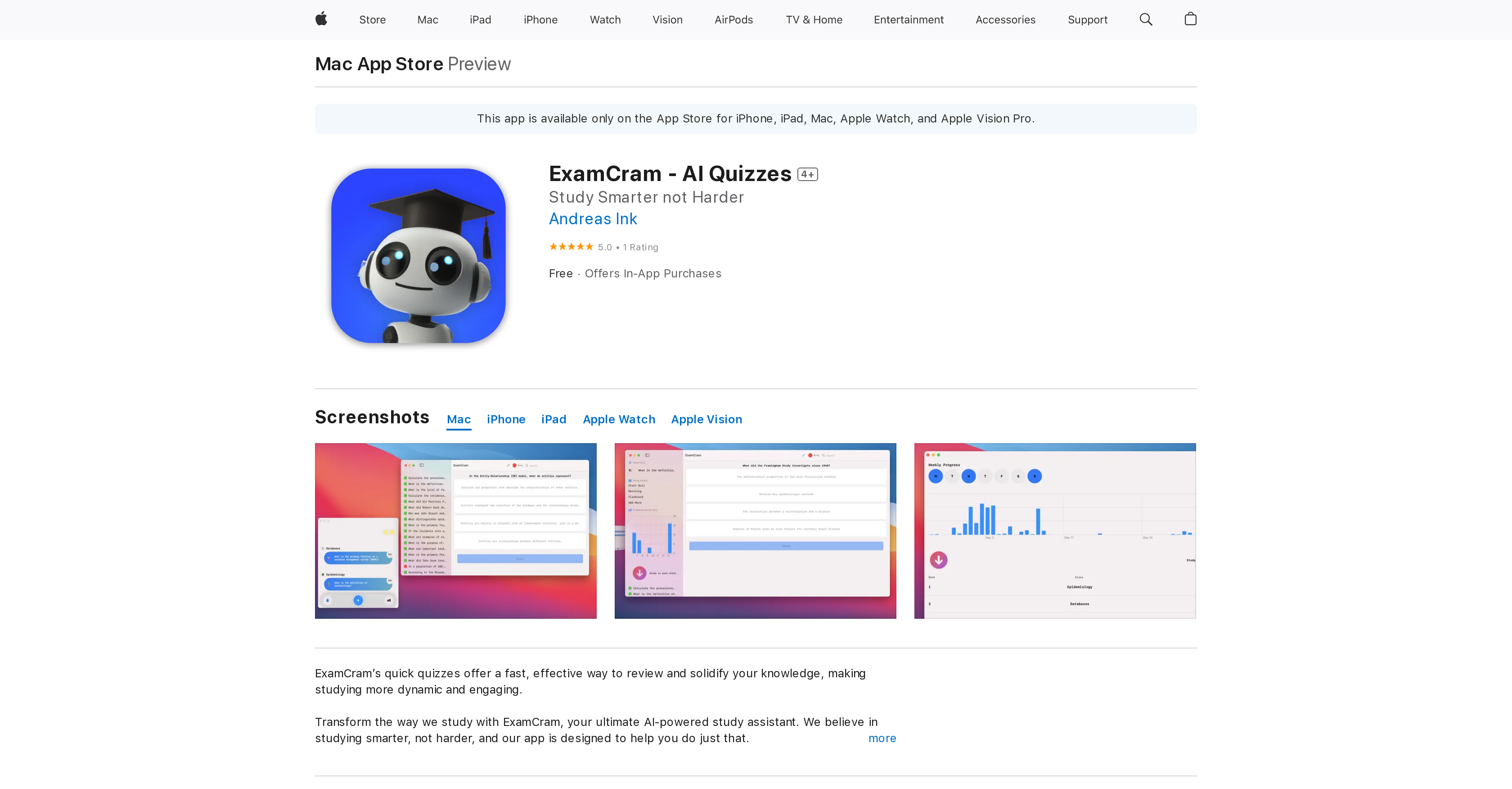 ExamCram - AI Quizzes - Screenshot showing the interface and features of this AI tool