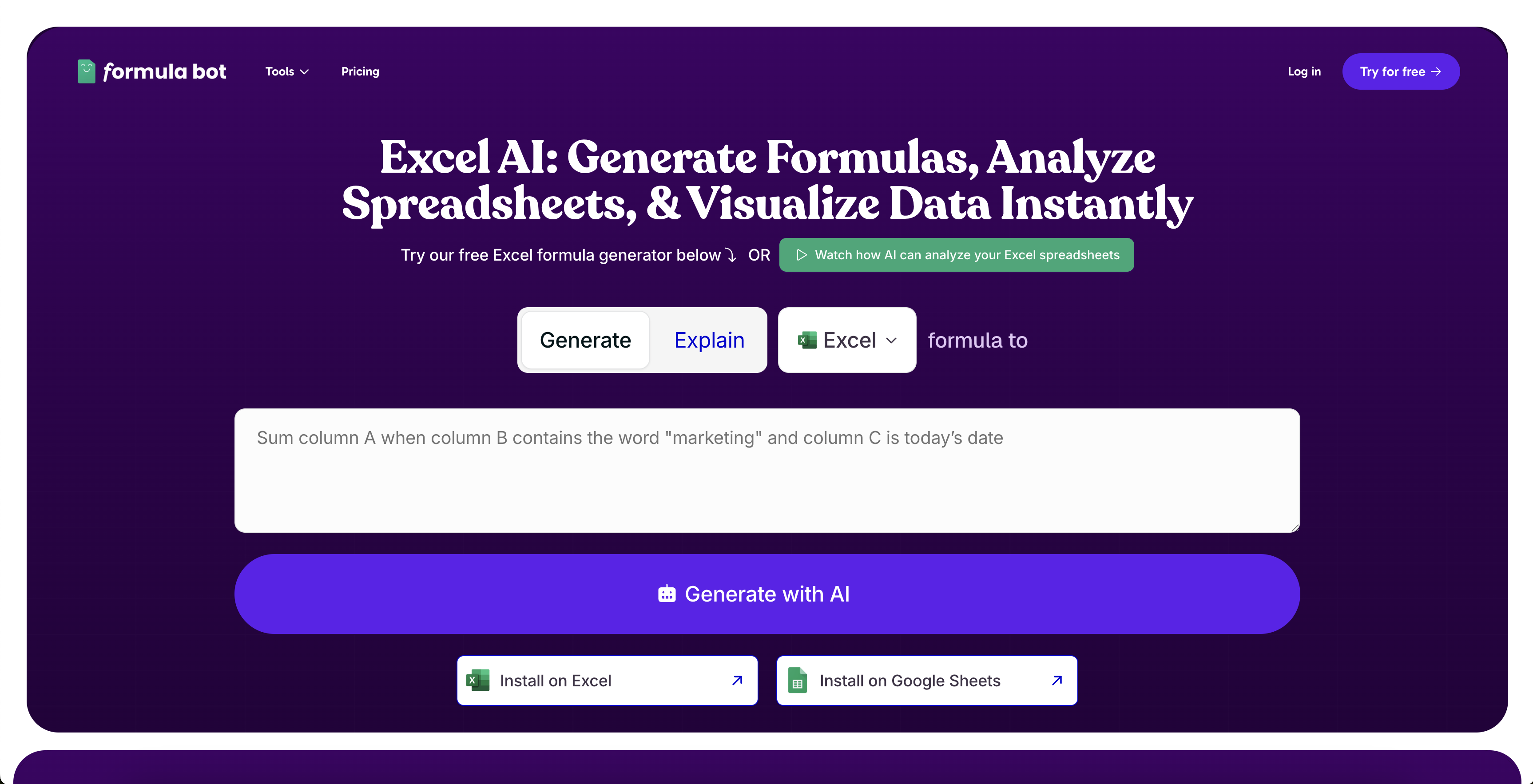 Free AI Excel Formula Generator - Screenshot showing the interface and features of this AI tool