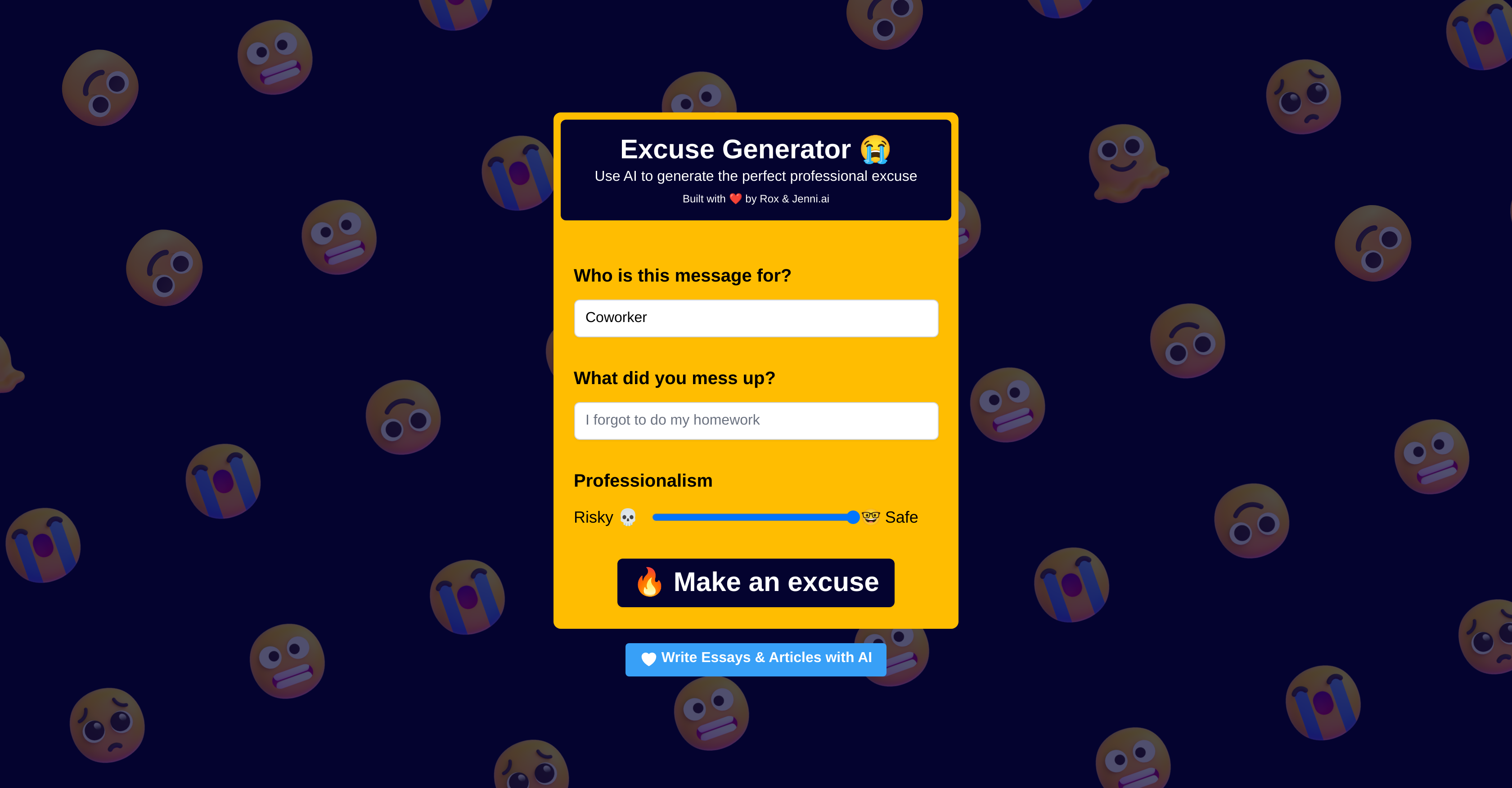 Excuses AI - Screenshot showing the interface and features of this AI tool