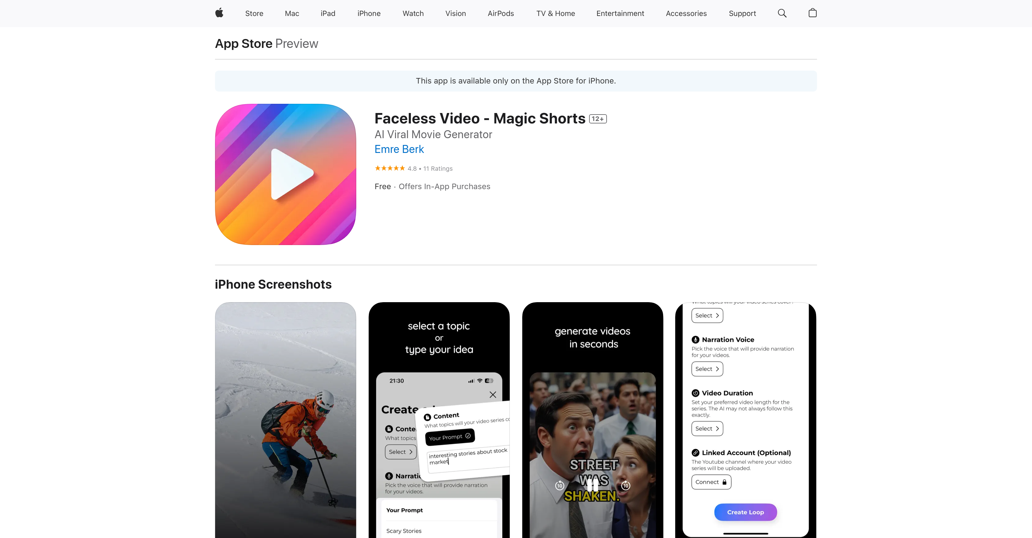 Faceless Video - Magic Shorts - Screenshot showing the interface and features of this AI tool