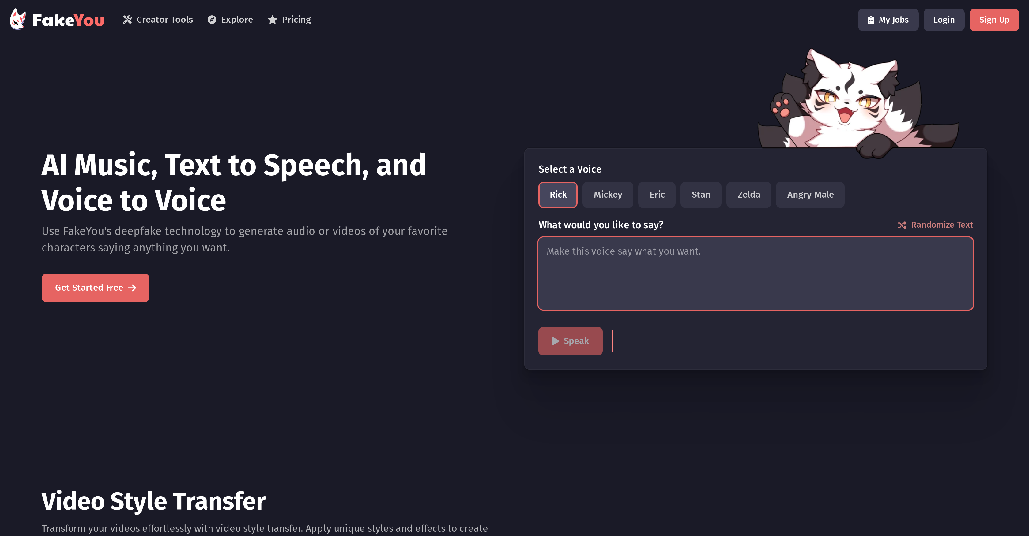 FakeYou - Screenshot showing the interface and features of this AI tool