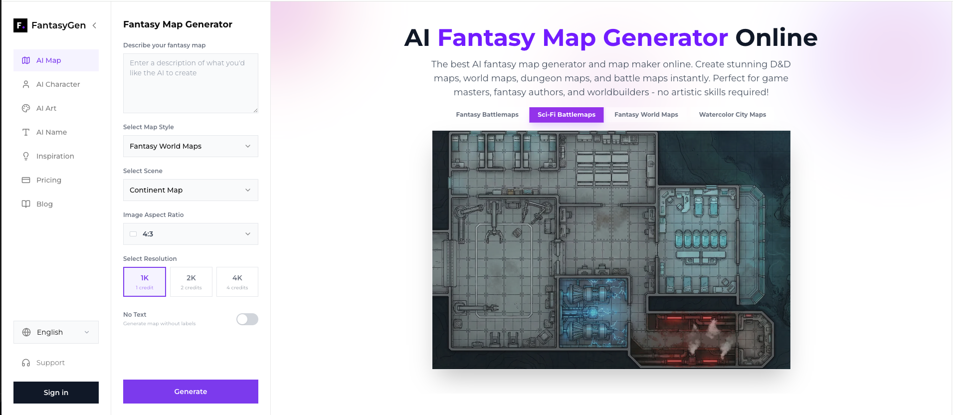 FantasyGen -  AI Fantasy Map Generator - Screenshot showing the interface and features of this AI tool