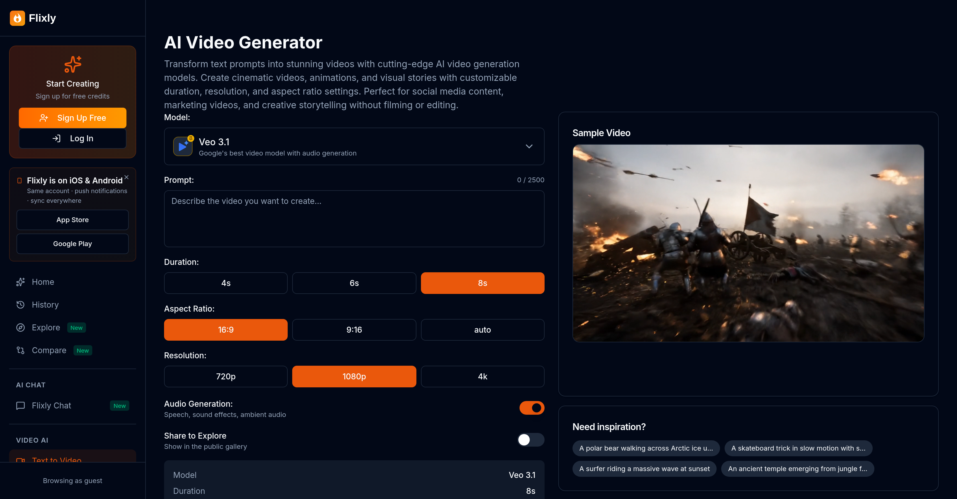 Flixly | Text to Video Generator - Screenshot showing the interface and features of this AI tool