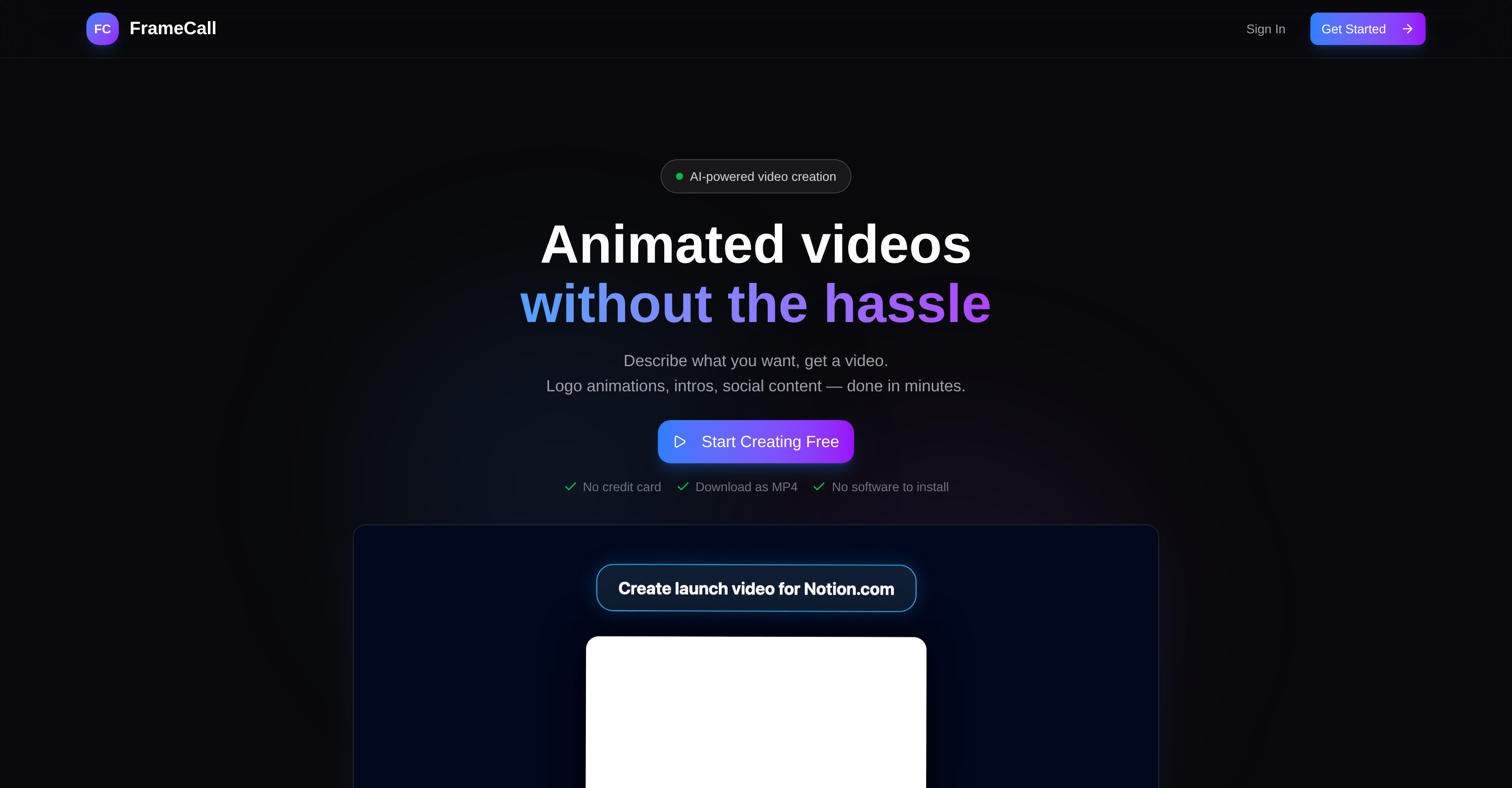 FrameCall - Screenshot showing the interface and features of this AI tool