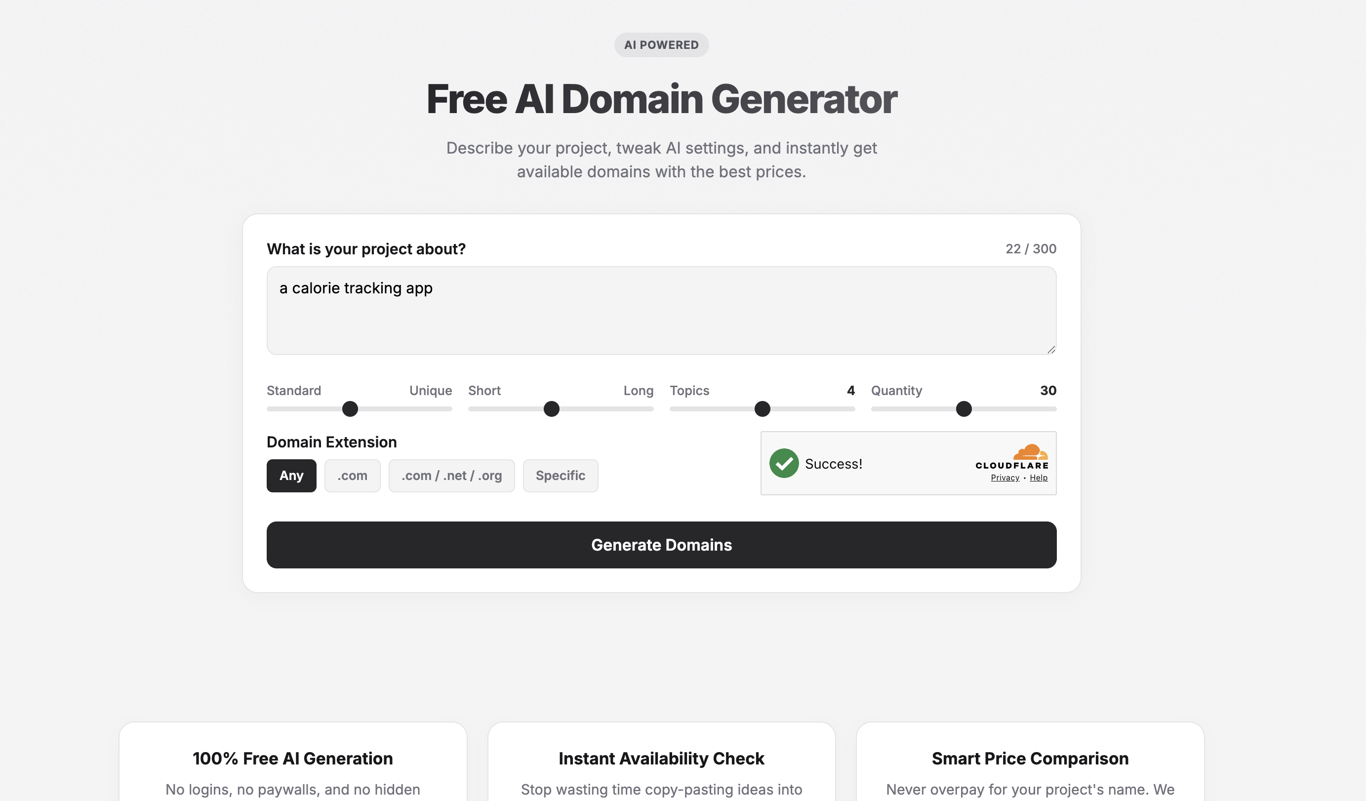 Free AI Domain Generator - Screenshot showing the interface and features of this AI tool