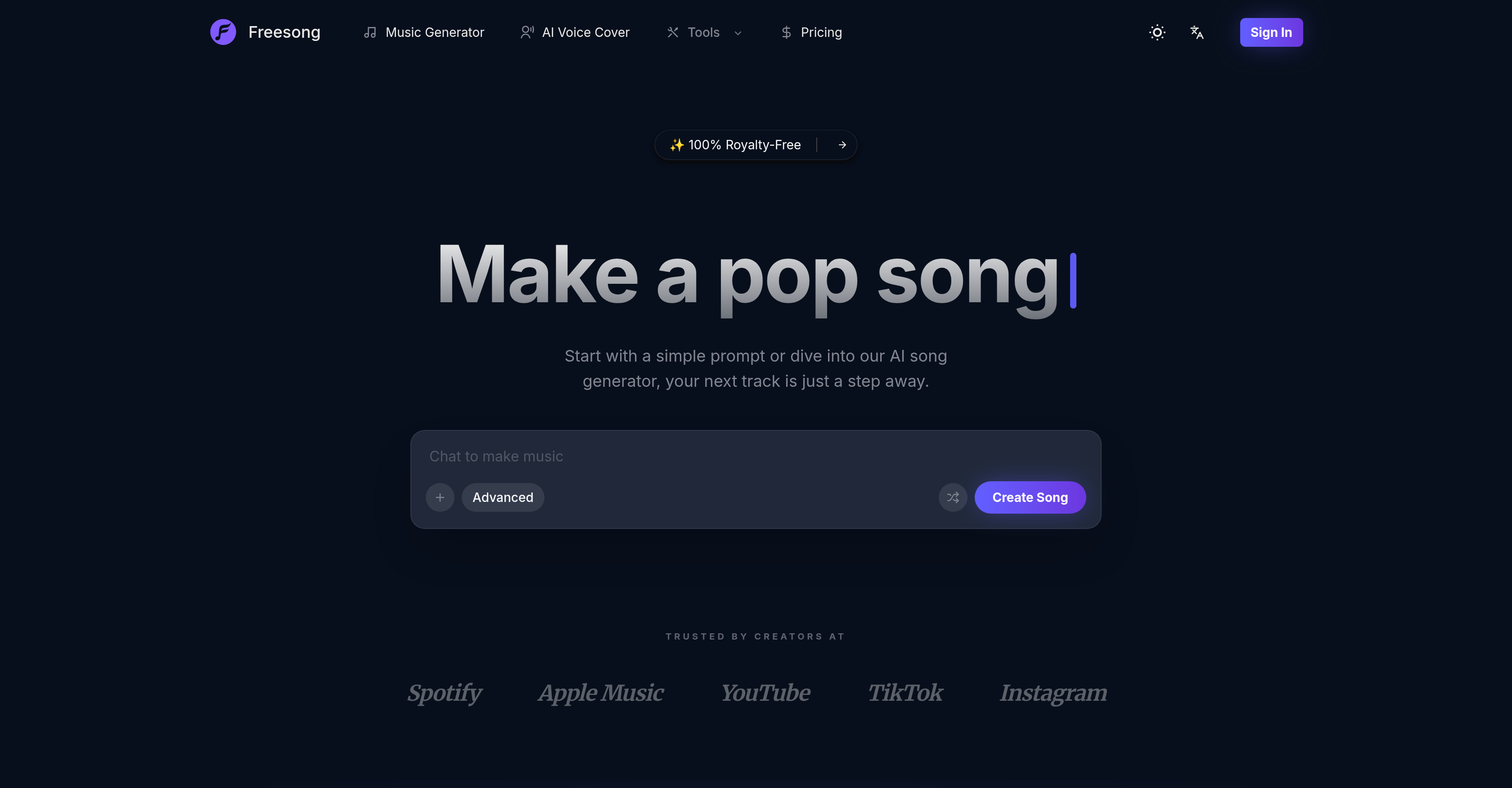 Freesong - Screenshot showing the interface and features of this AI tool