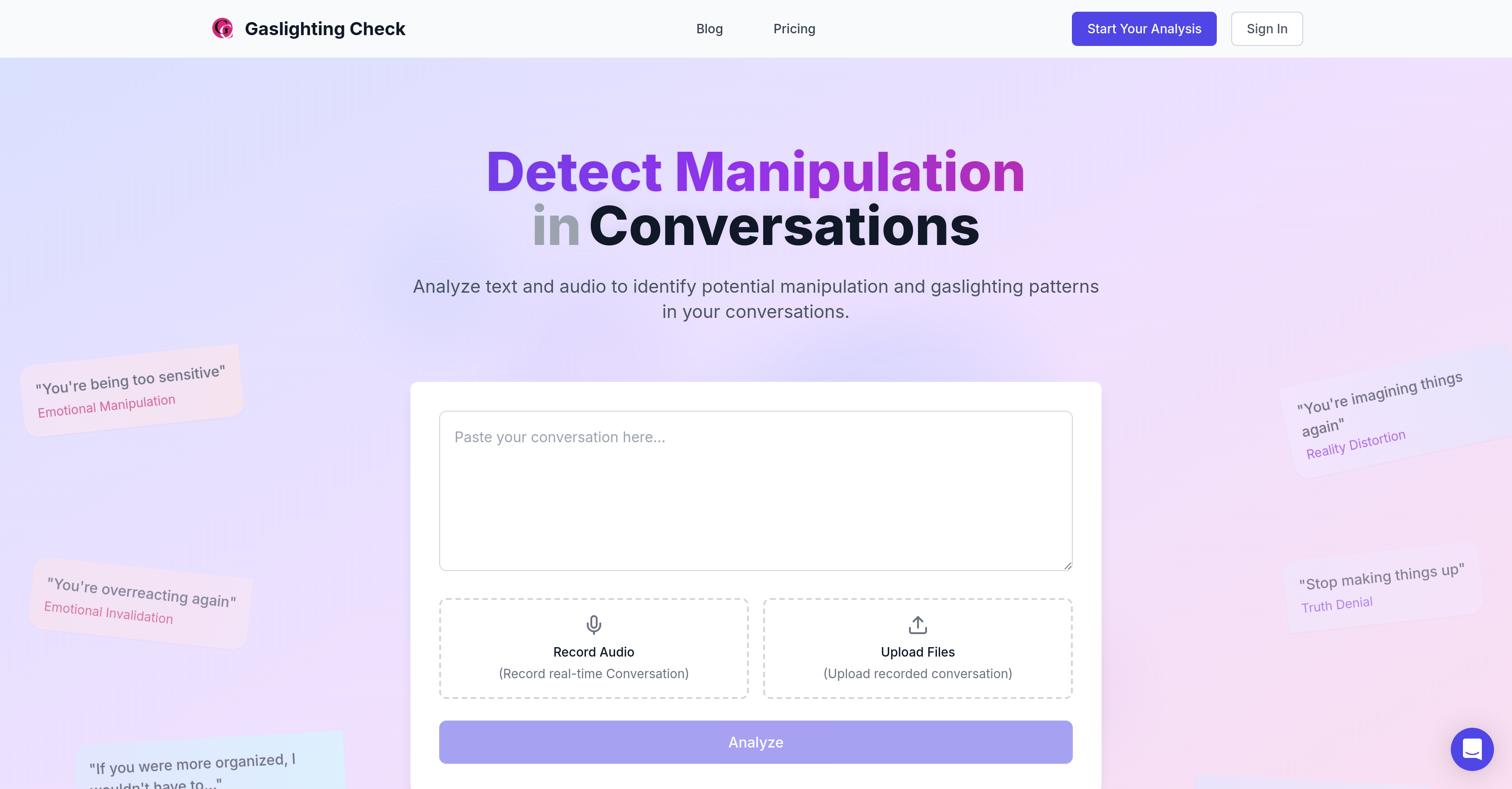 Gaslighting Check - Screenshot showing the interface and features of this AI tool