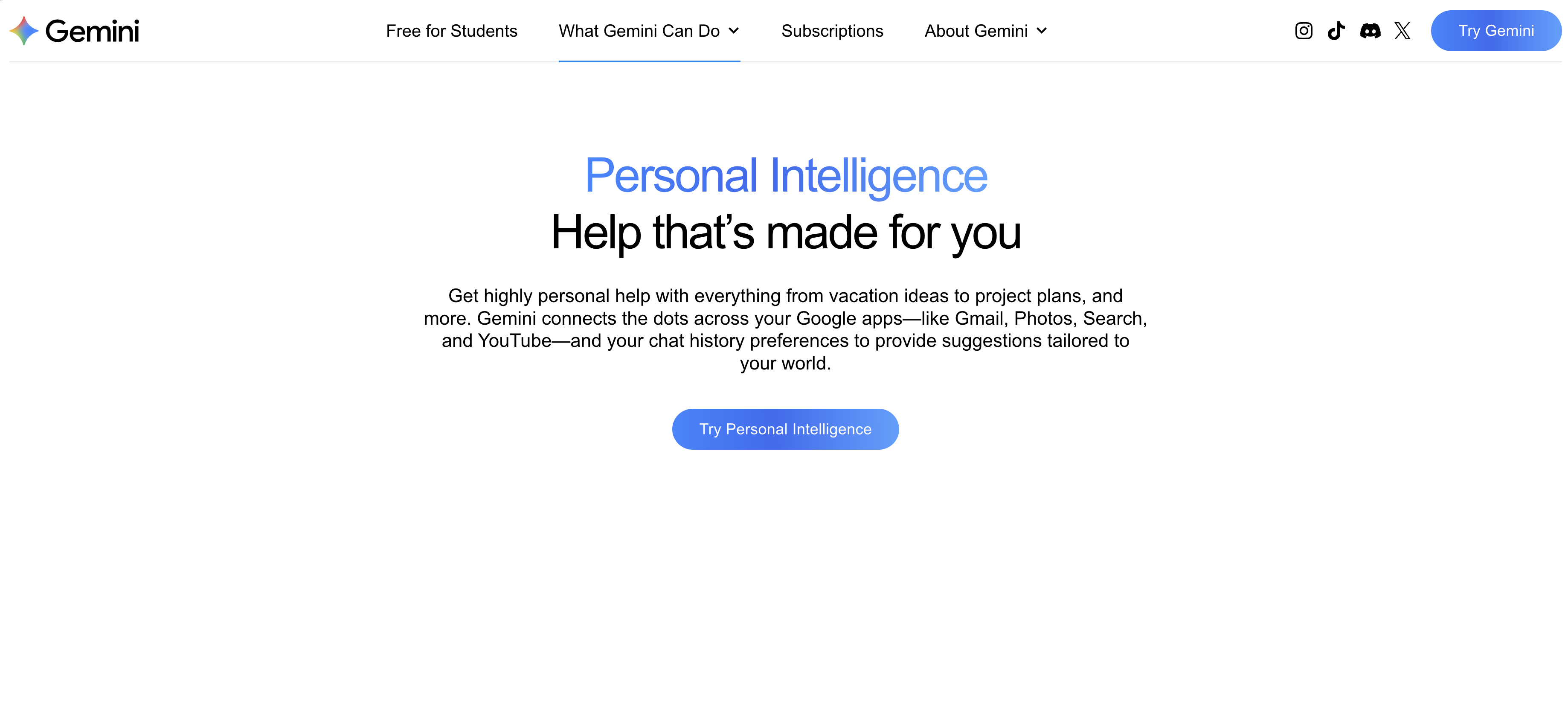 Gemini Personal Intelligence - Screenshot showing the interface and features of this AI tool