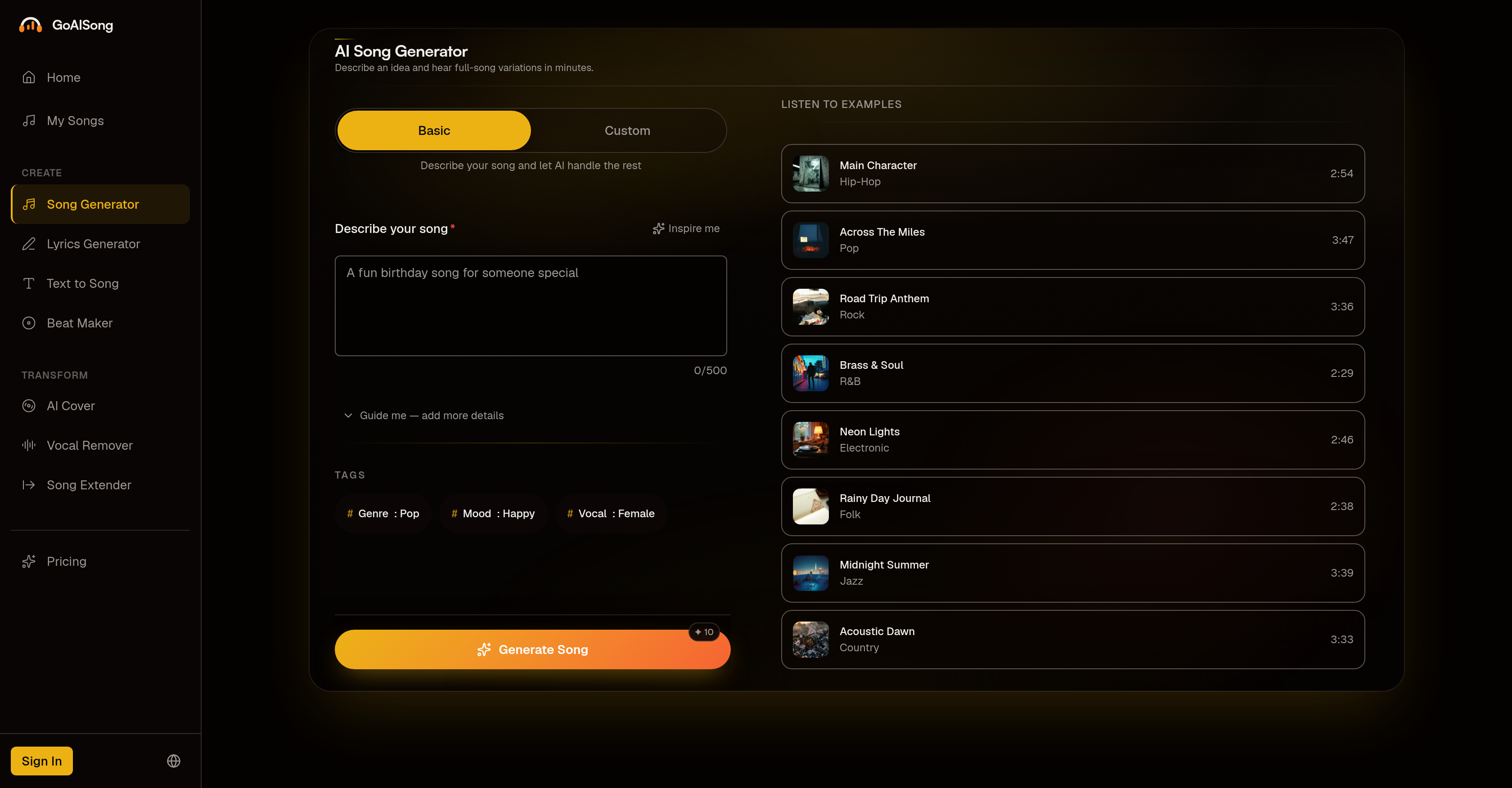 GoAISong - Screenshot showing the interface and features of this AI tool