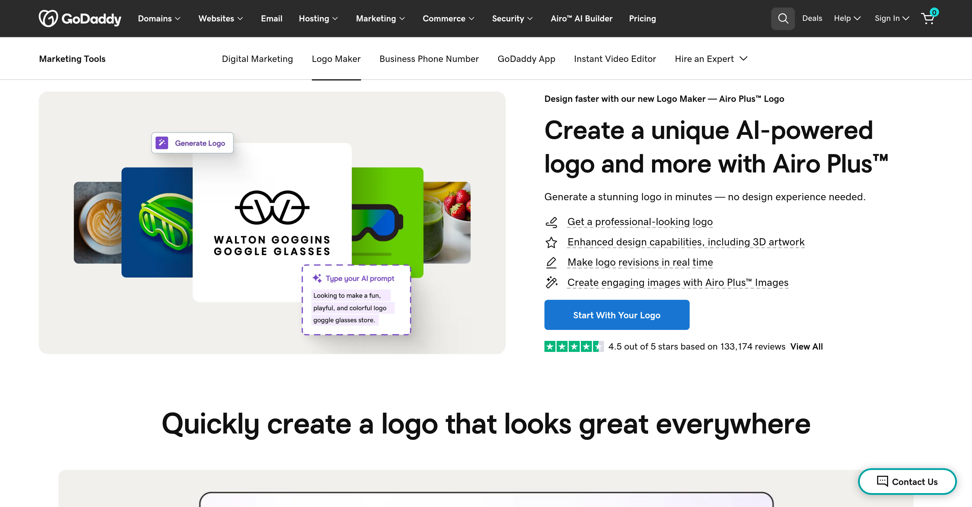 GoDaddy Logo Creator - Screenshot showing the interface and features of this AI tool