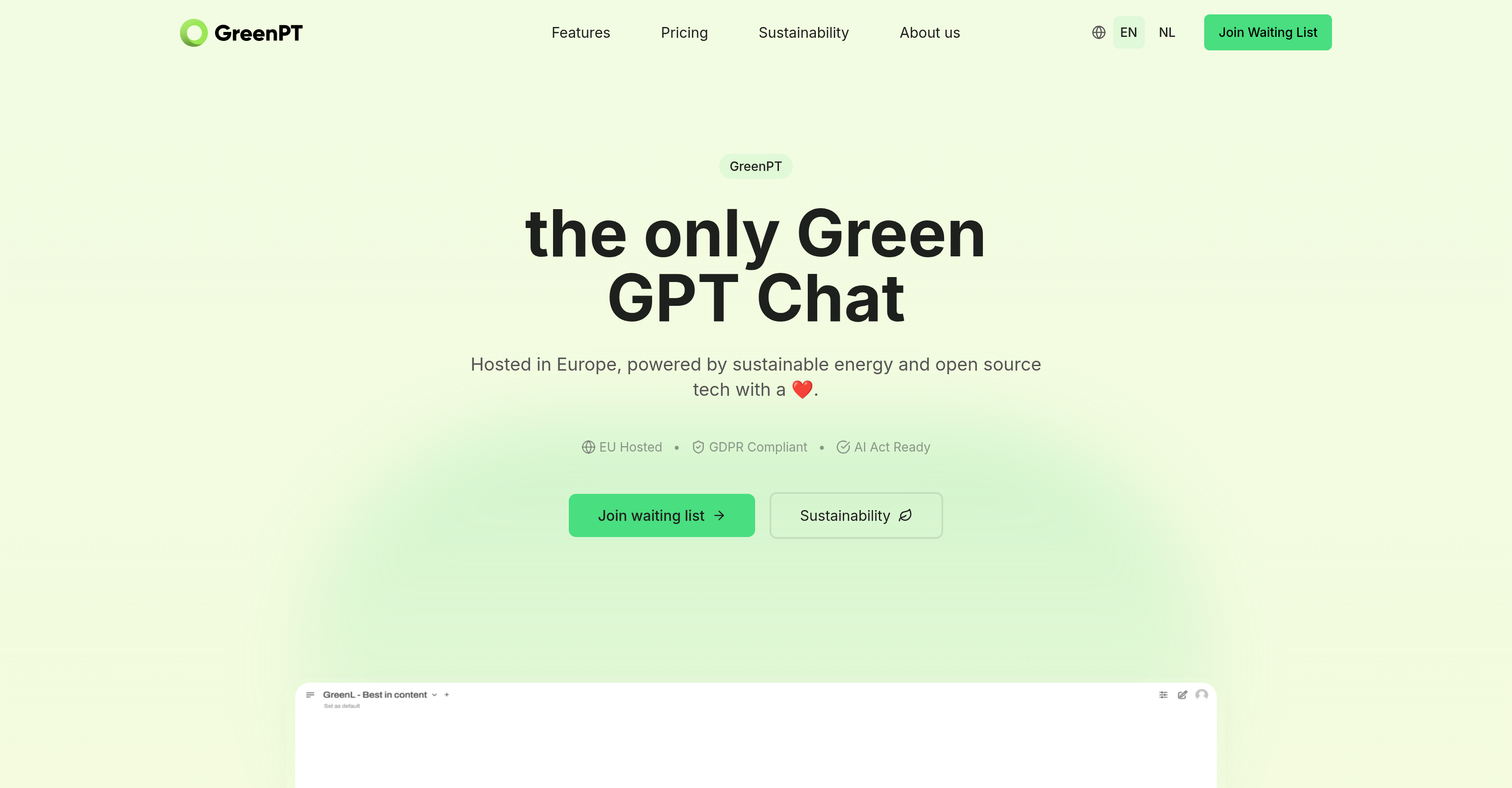 GreenPT - Screenshot showing the interface and features of this AI tool