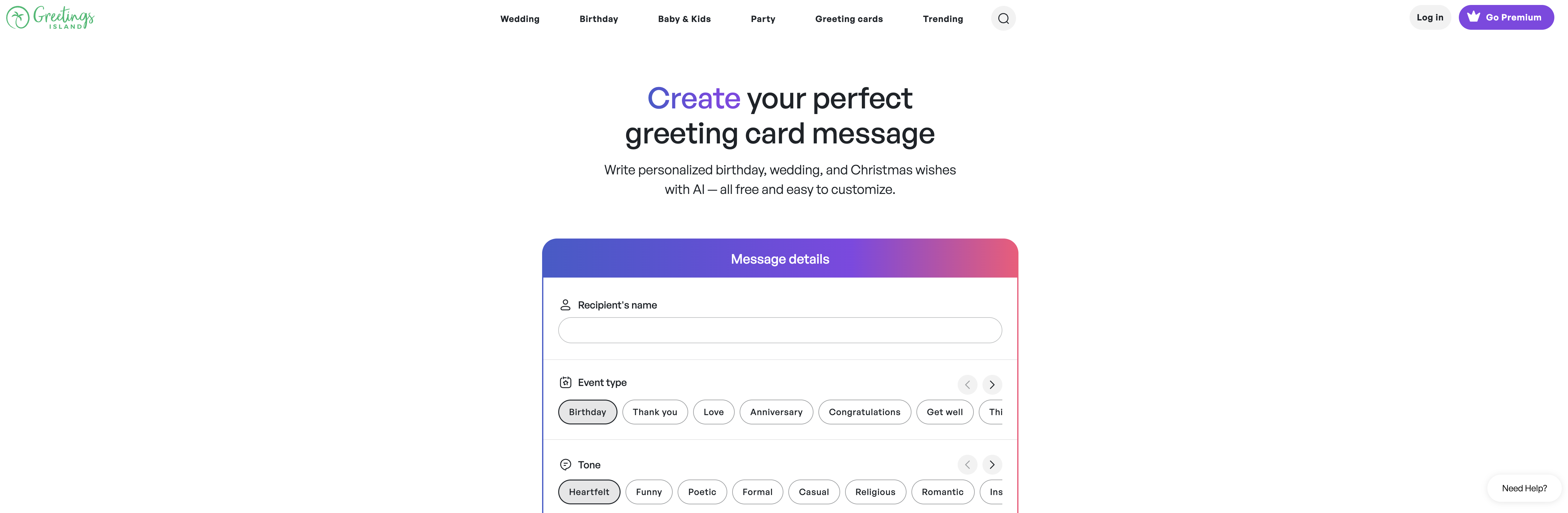 Greetings Island - Event wishes - Screenshot showing the interface and features of this AI tool