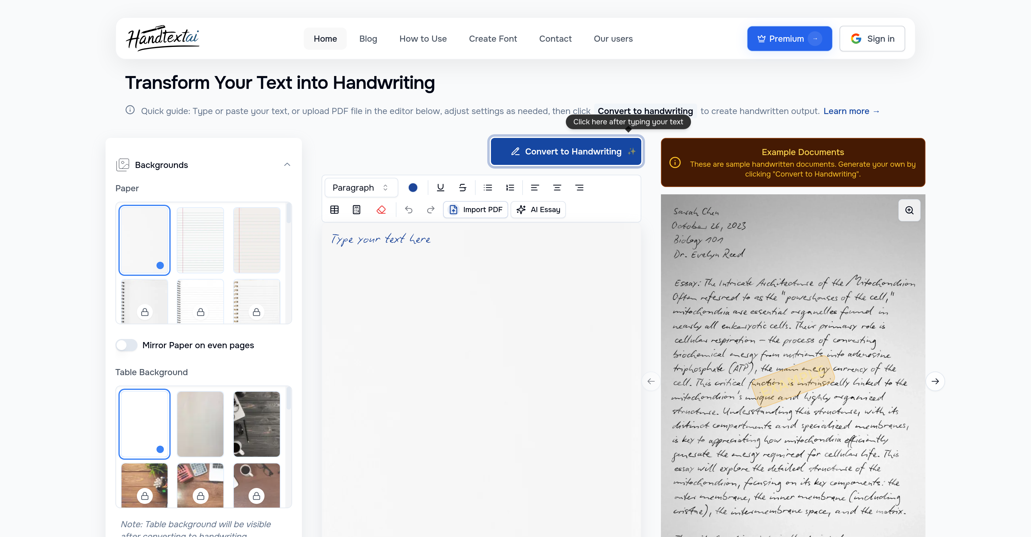 HandtextAI - Screenshot showing the interface and features of this AI tool