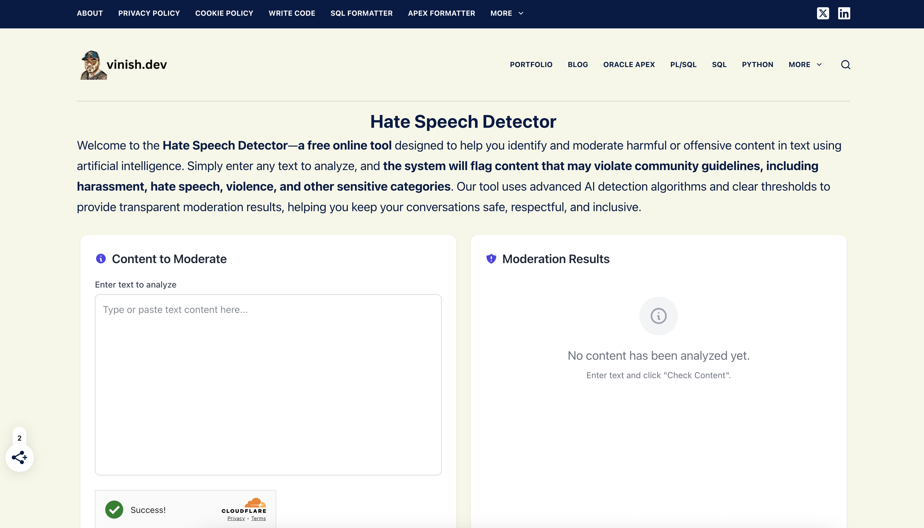 Hate Speech Detector - Screenshot showing the interface and features of this AI tool