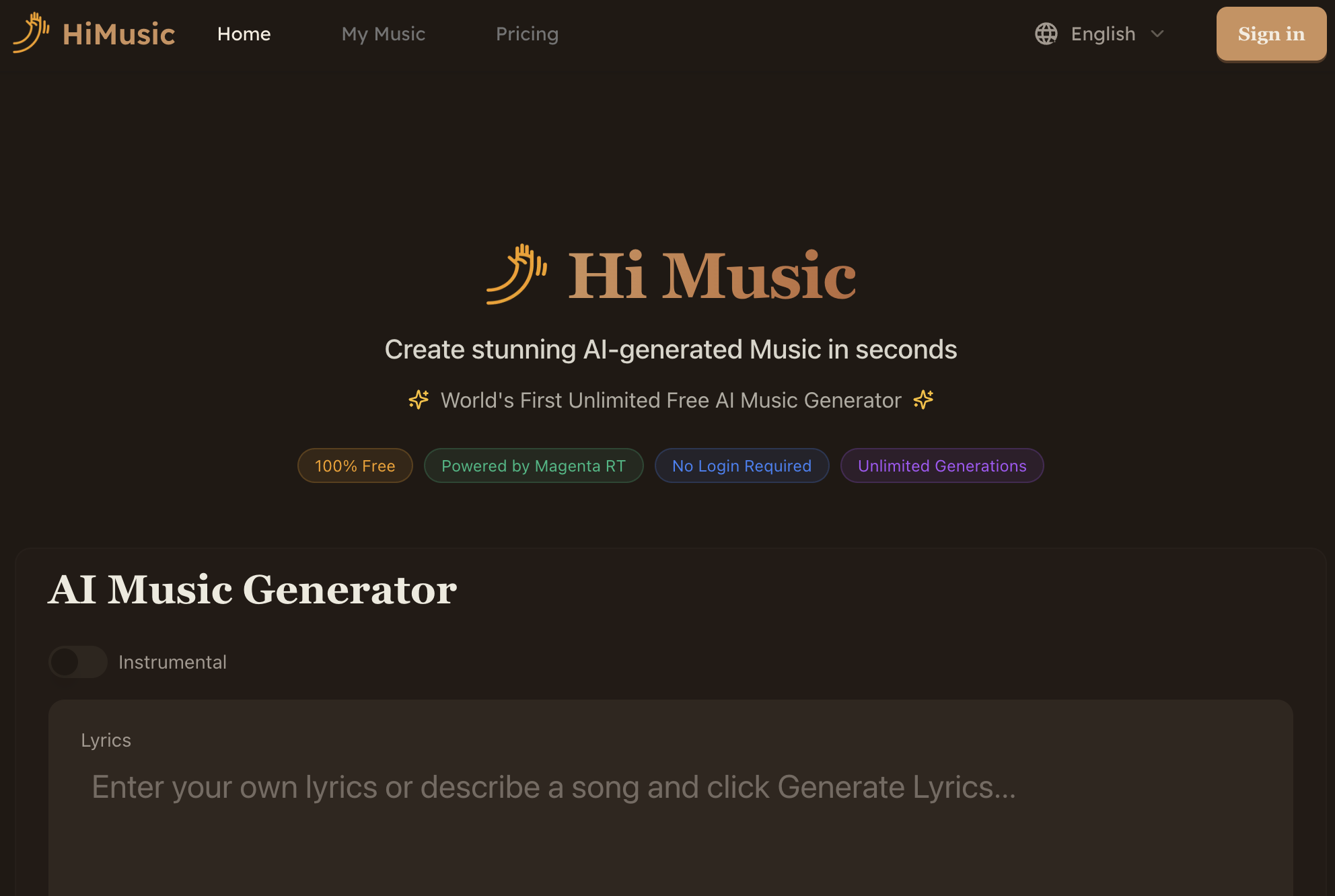 Hi Music - Screenshot showing the interface and features of this AI tool