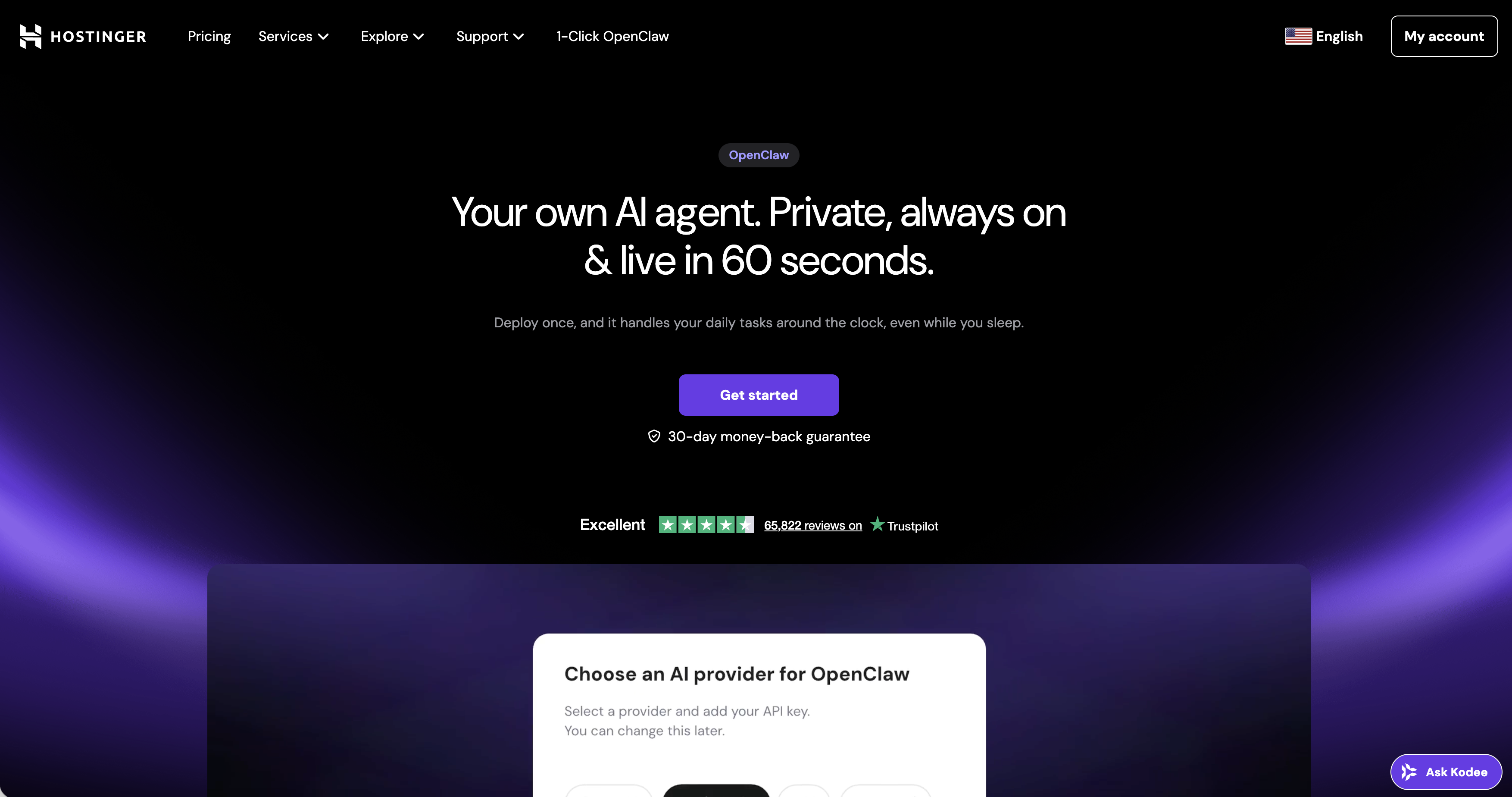 Hostinger | 1-Click OpenClaw - Screenshot showing the interface and features of this AI tool