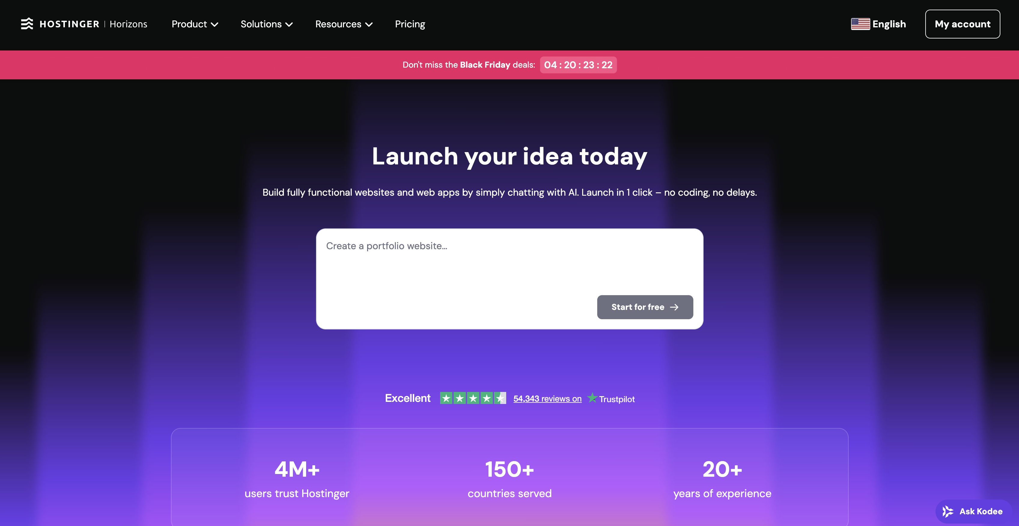 Hostinger | Horizons - Screenshot showing the interface and features of this AI tool