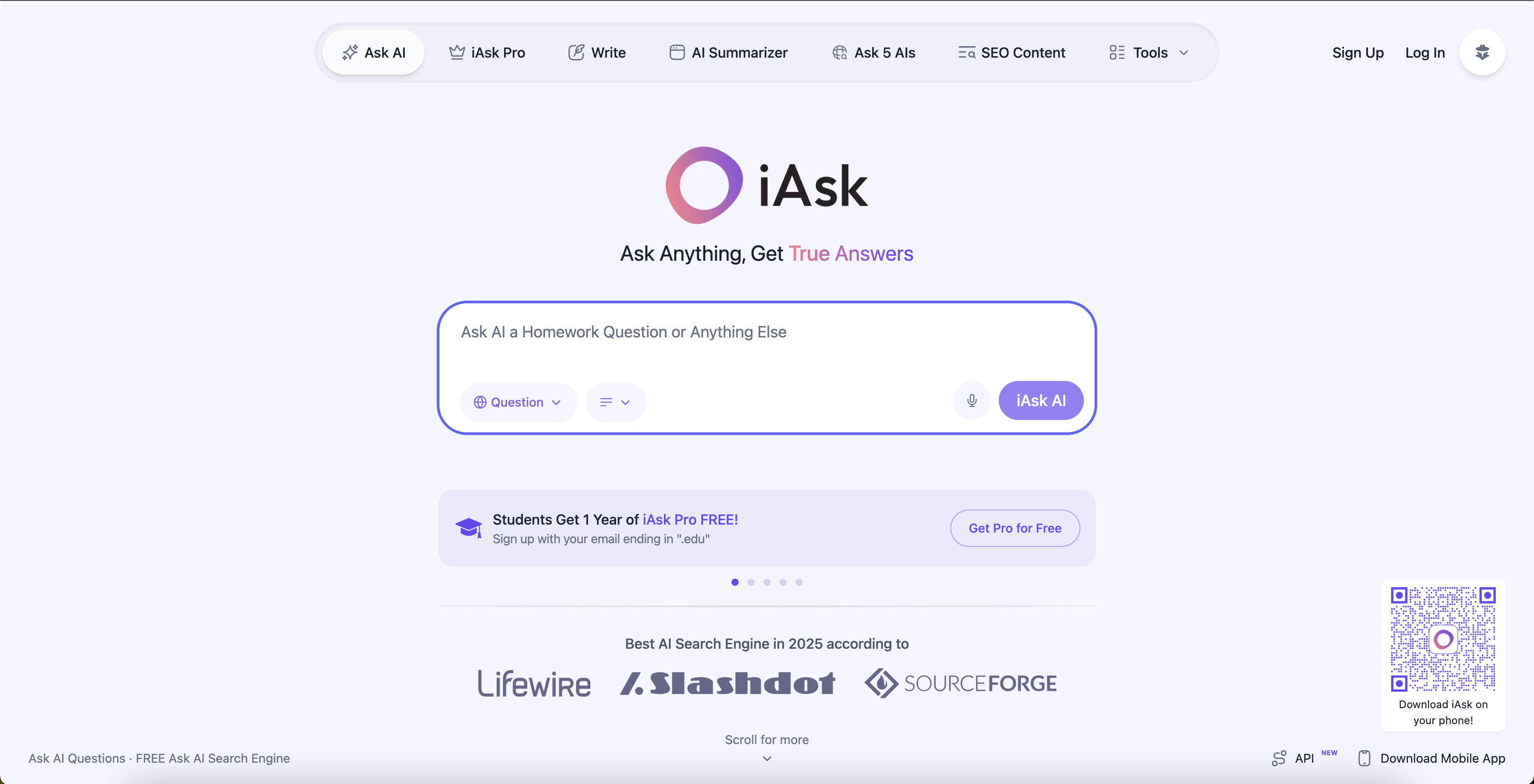 IAsk - Screenshot showing the interface and features of this AI tool