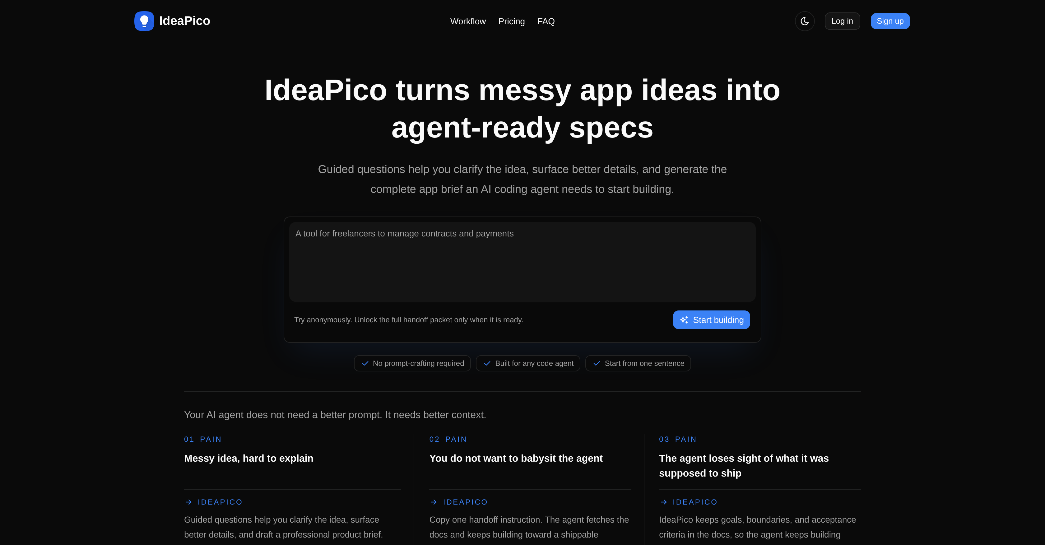 IdeaPico - Screenshot showing the interface and features of this AI tool