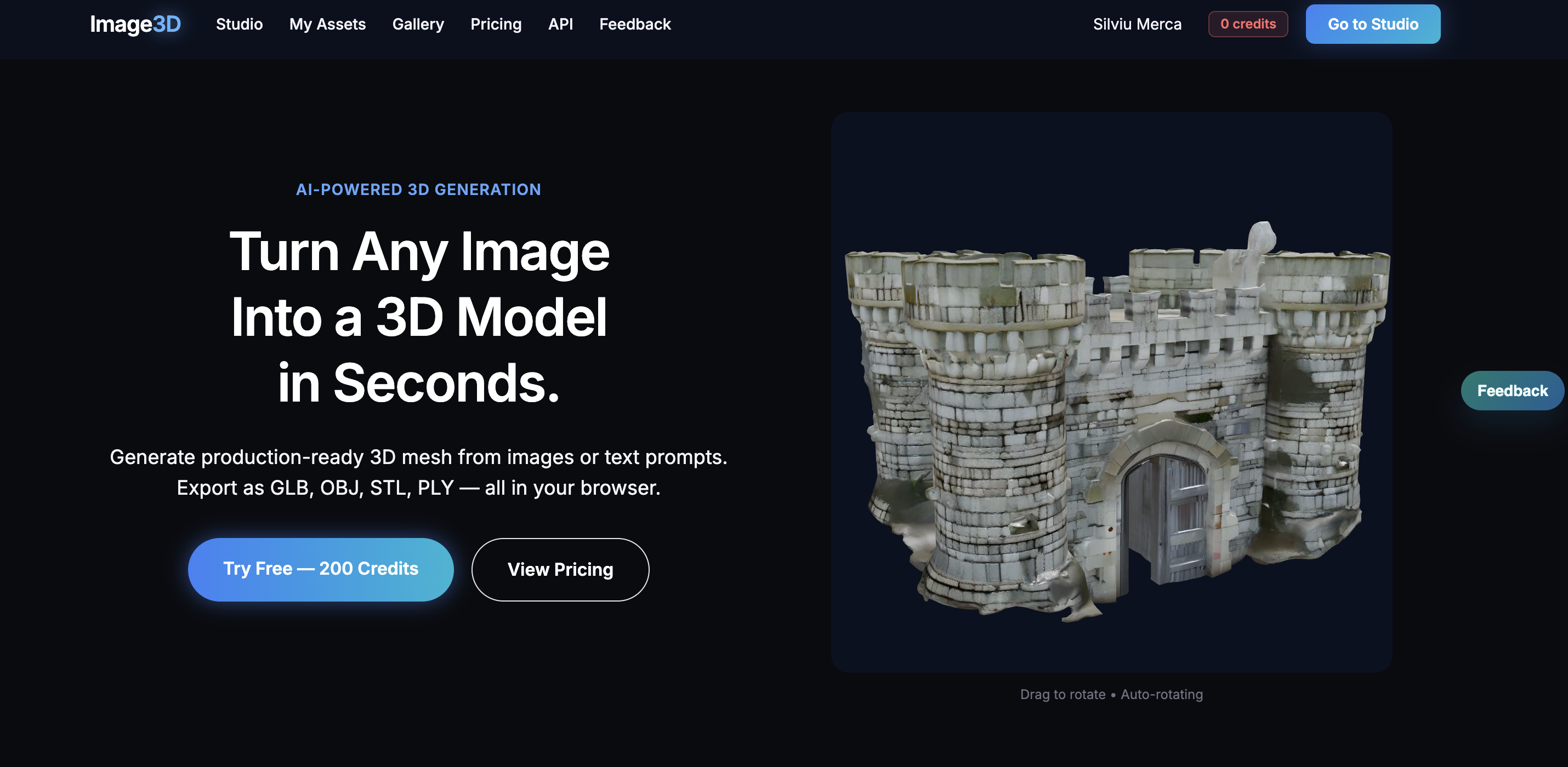 Image3D.io - Screenshot showing the interface and features of this AI tool