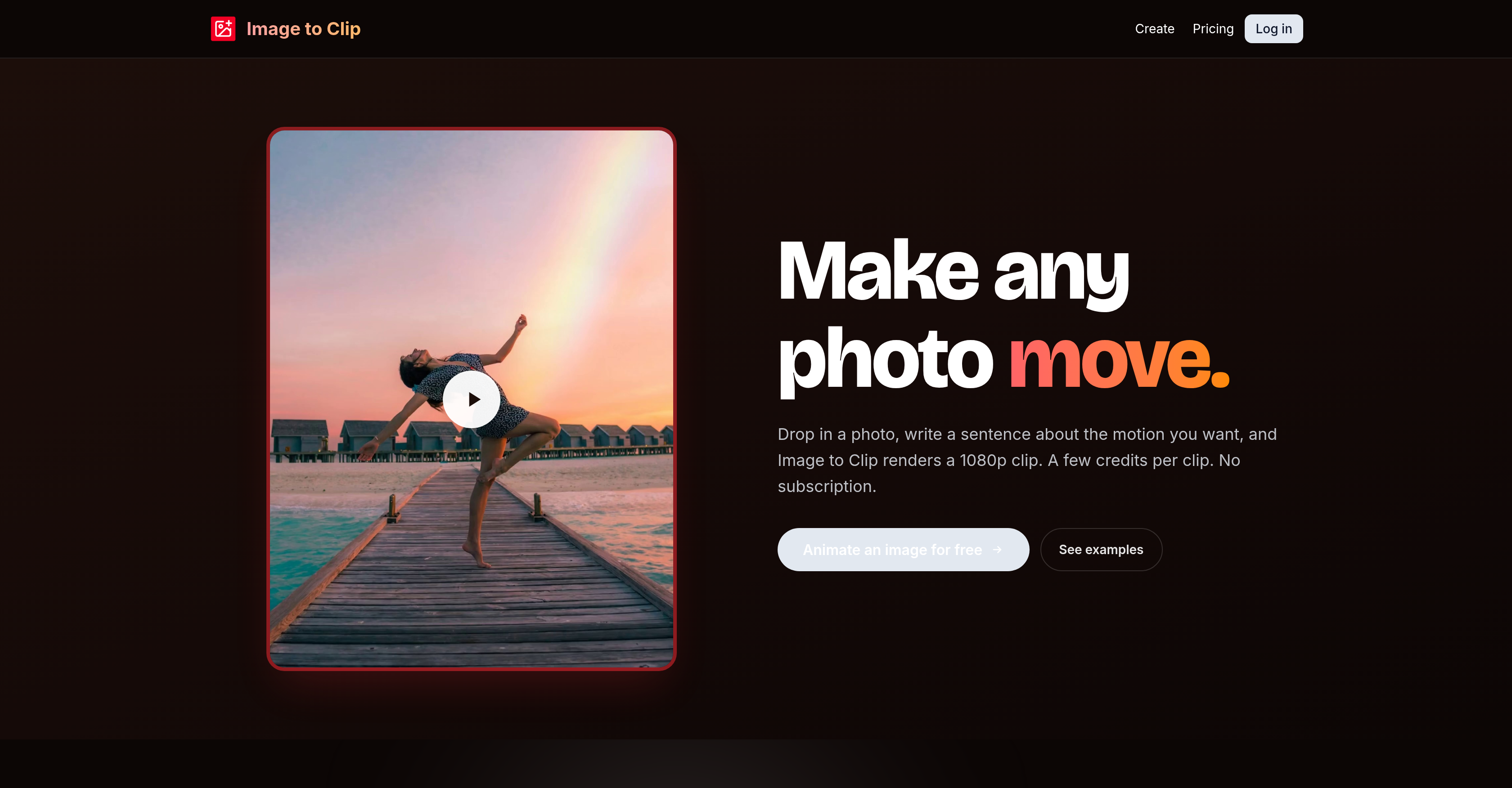 ImageToClip.com - Screenshot showing the interface and features of this AI tool