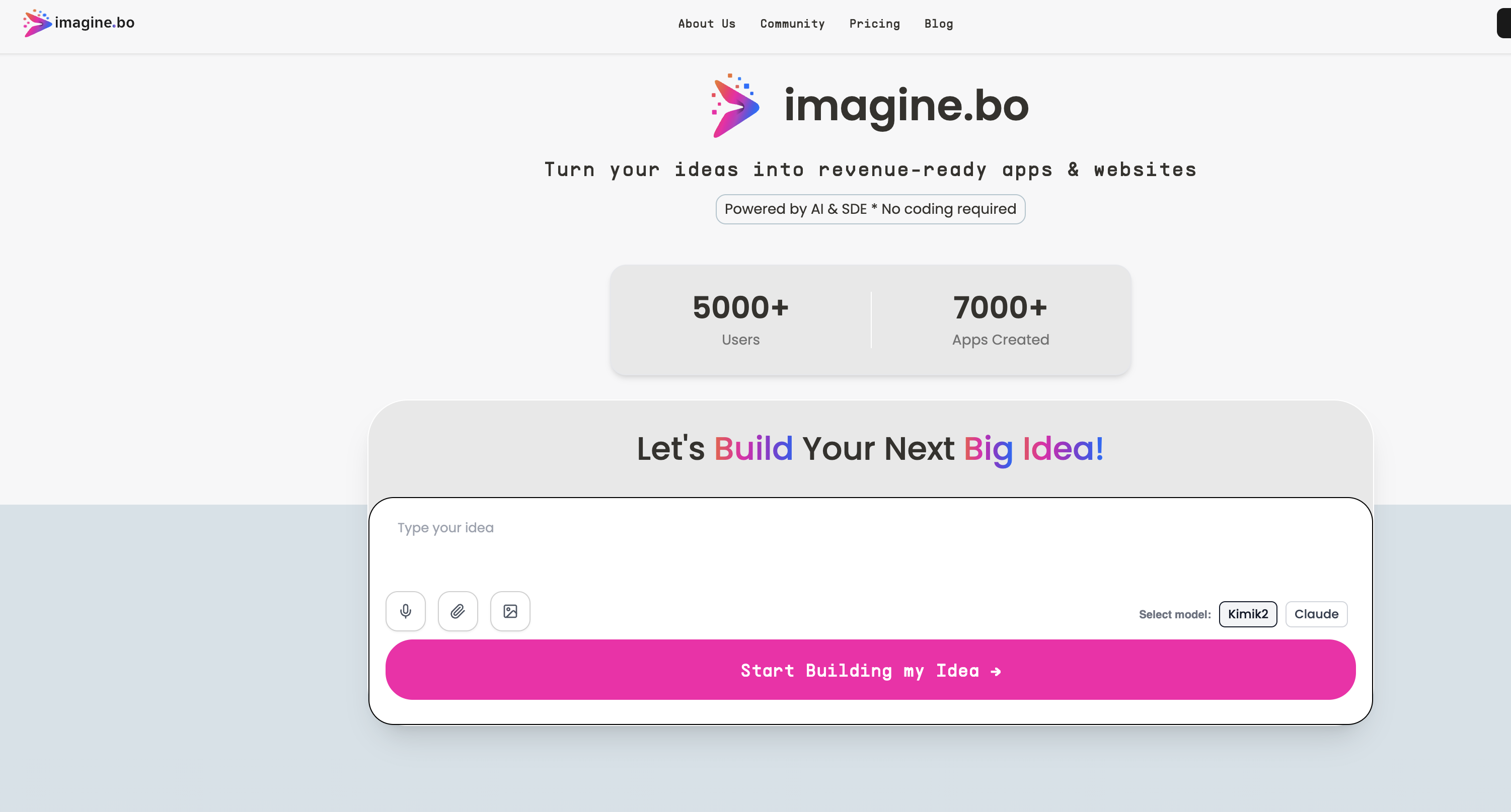 imagine.bo - Screenshot showing the interface and features of this AI tool