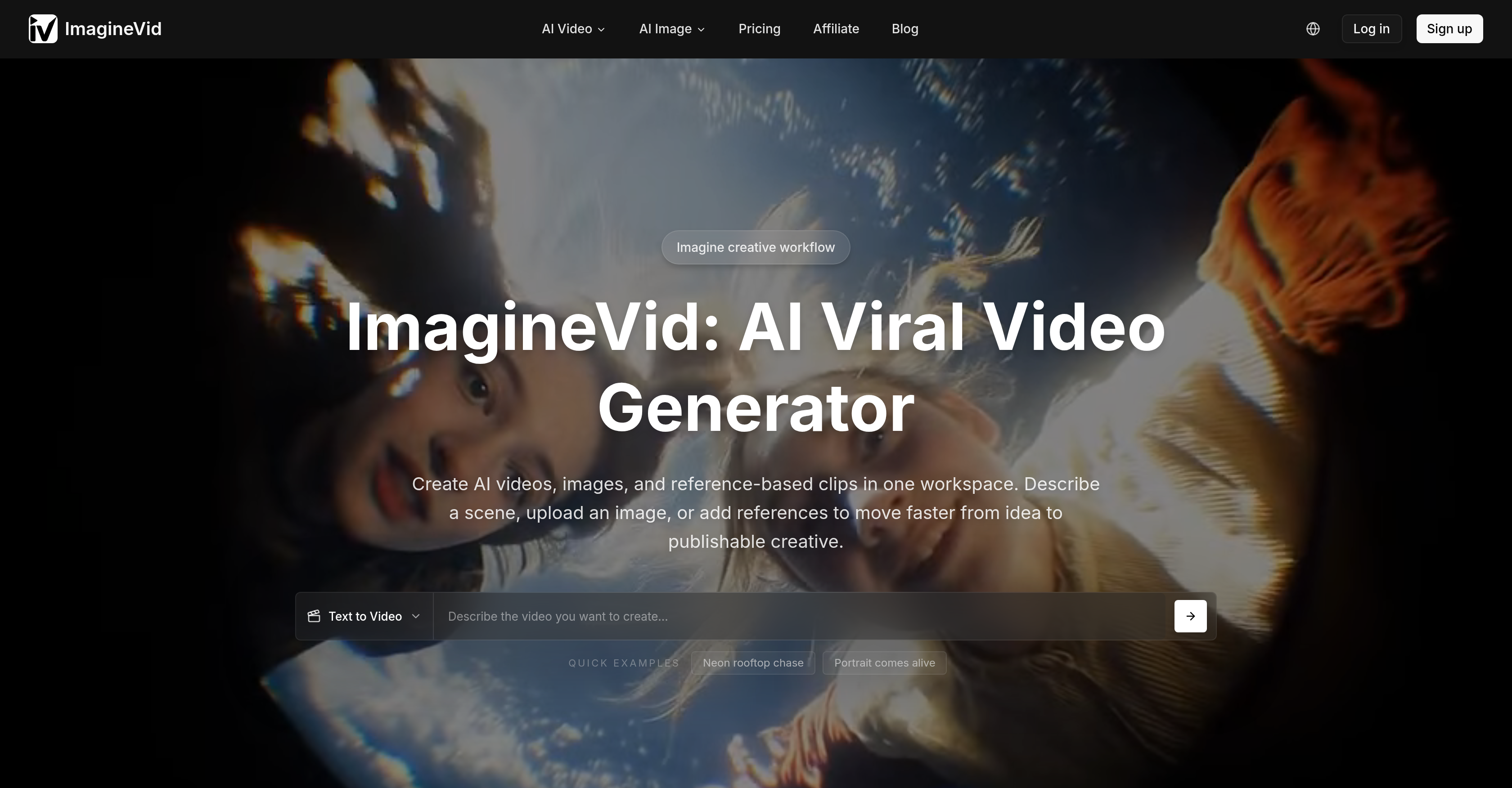 ImagineVid - Screenshot showing the interface and features of this AI tool