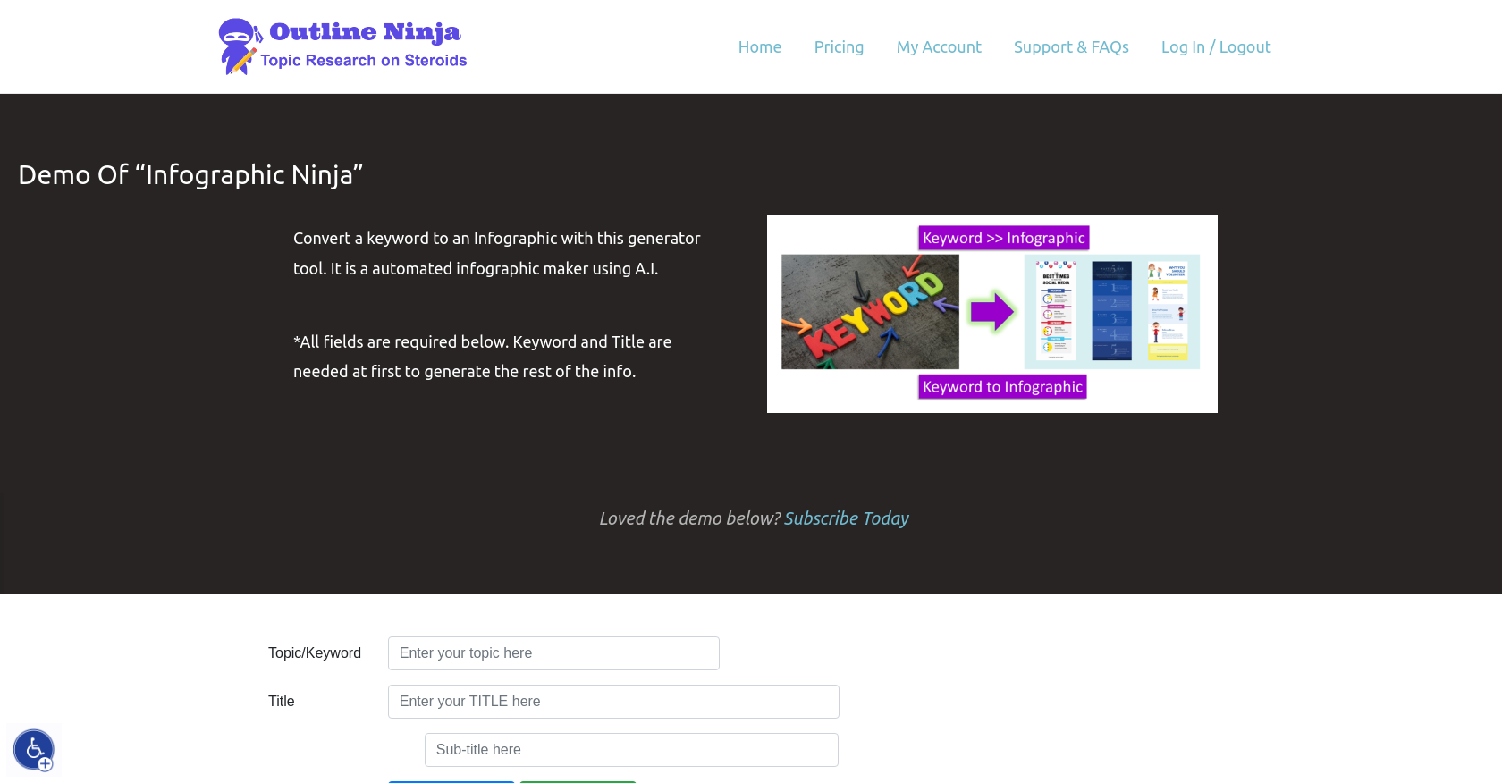 Infographic Ninja - Screenshot showing the interface and features of this AI tool