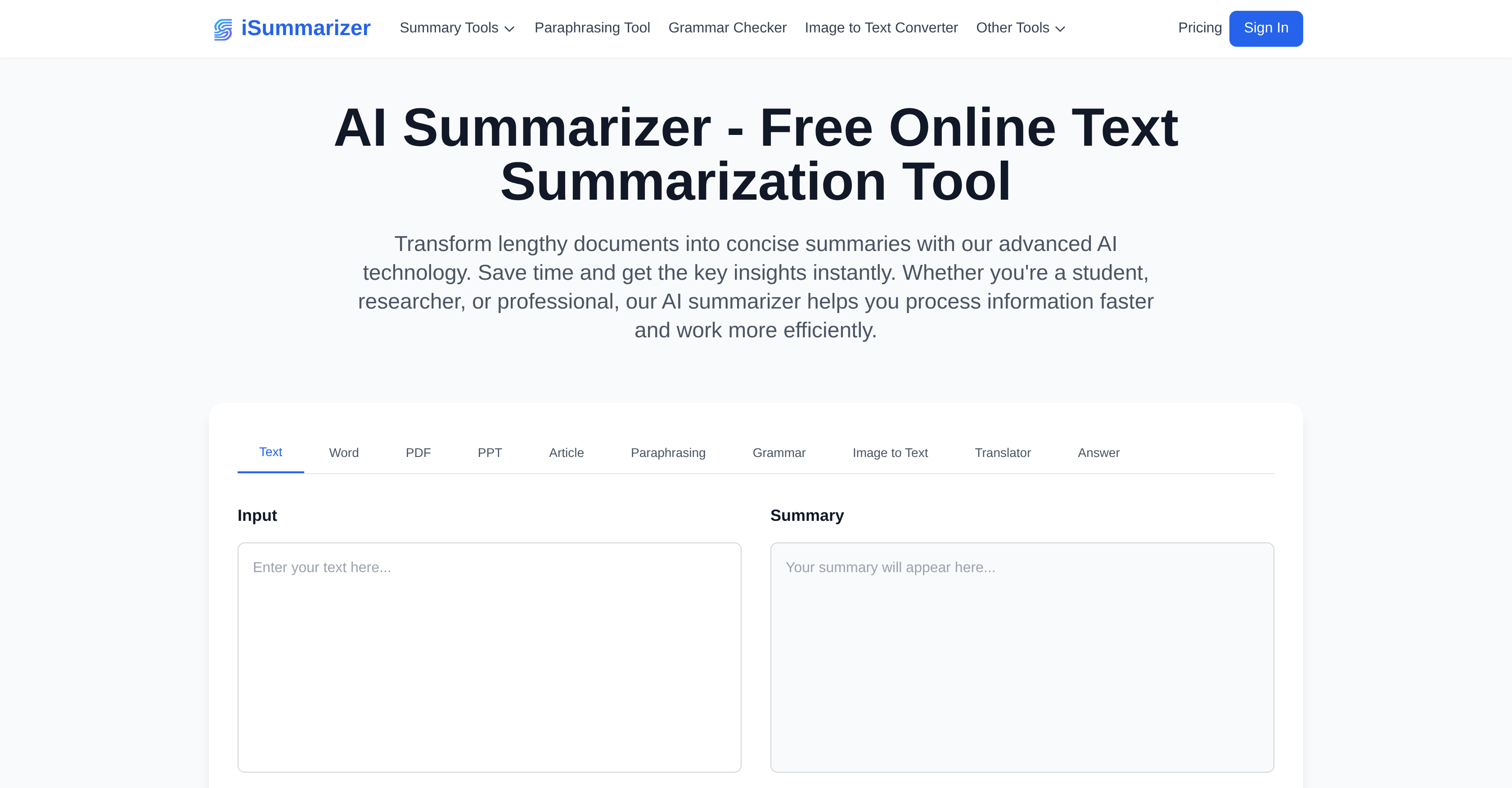 iSummarizer - Screenshot showing the interface and features of this AI tool